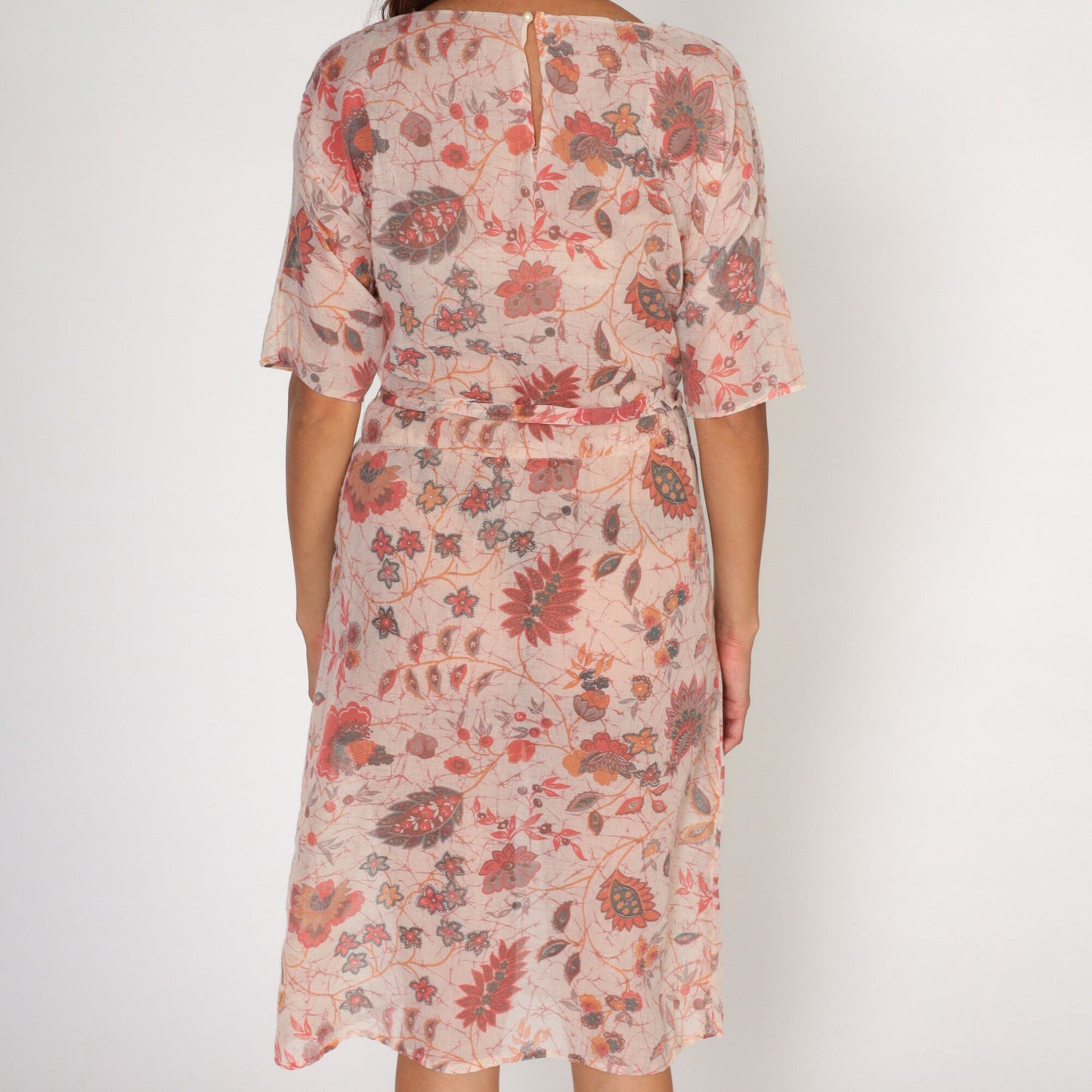 70s Pink Floral Midi Dress High Waisted Cotton Keyhole Back Small