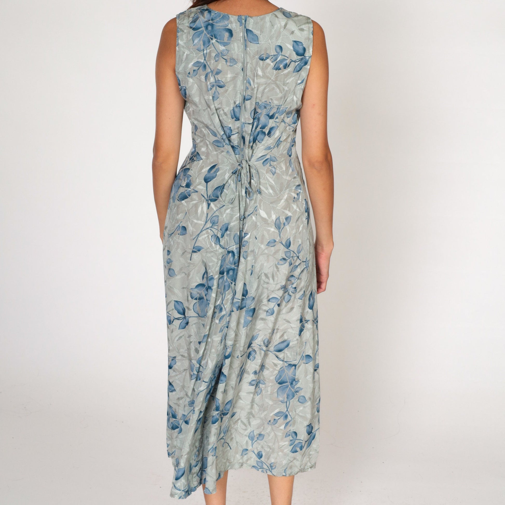 00s Fashion Bug Floral Midi Dress Grey Blue Embossed Leaf Sleeveless Medium 10