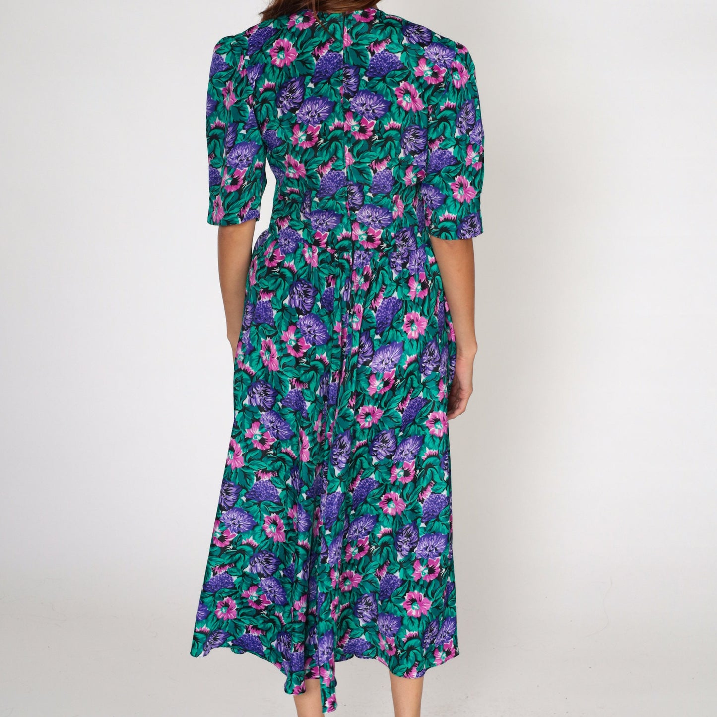 80s Floral Midi Dress Puff Sleeve Basque Waist Pink Purple Green Small