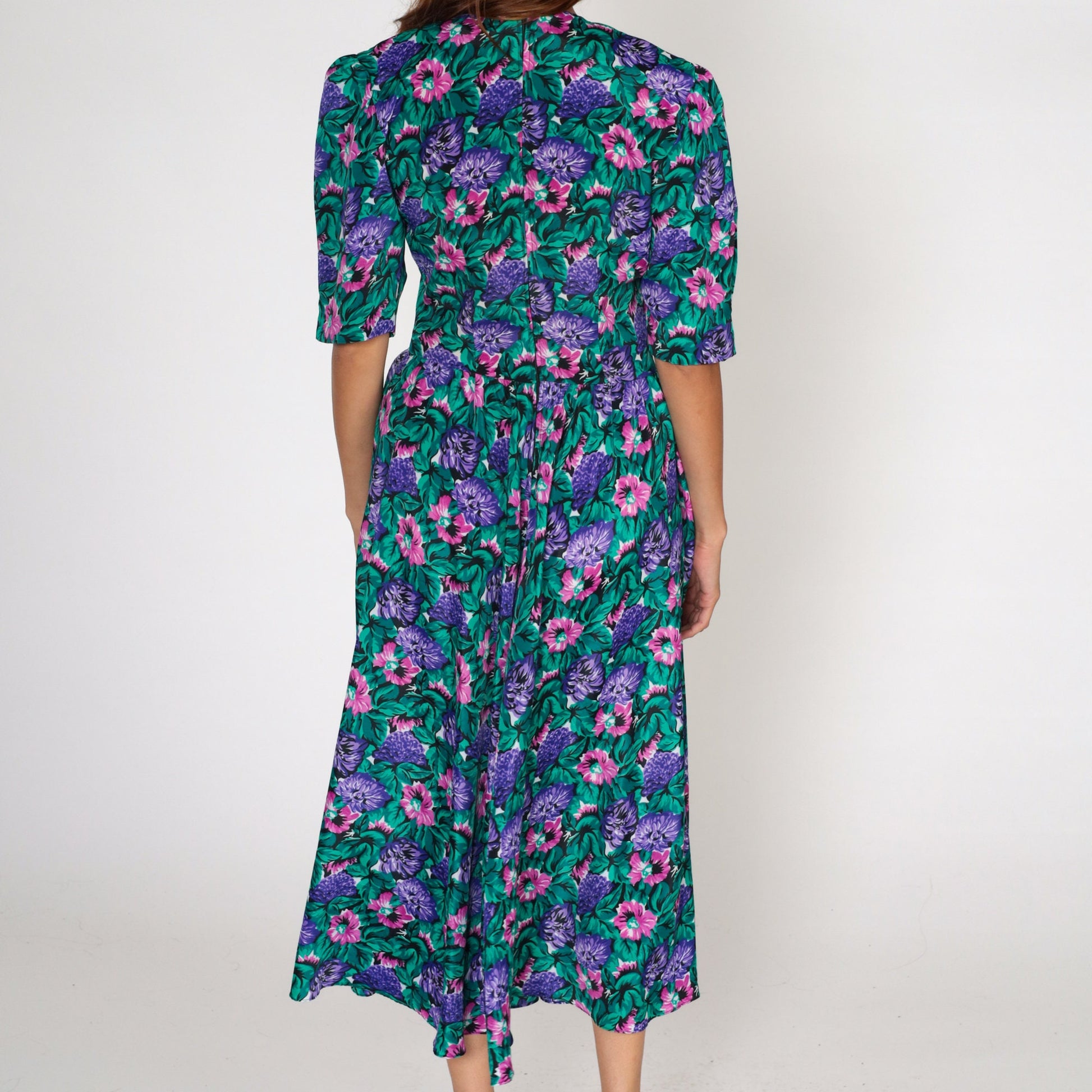 80s Floral Midi Dress Puff Sleeve Basque Waist Pink Purple Green Small