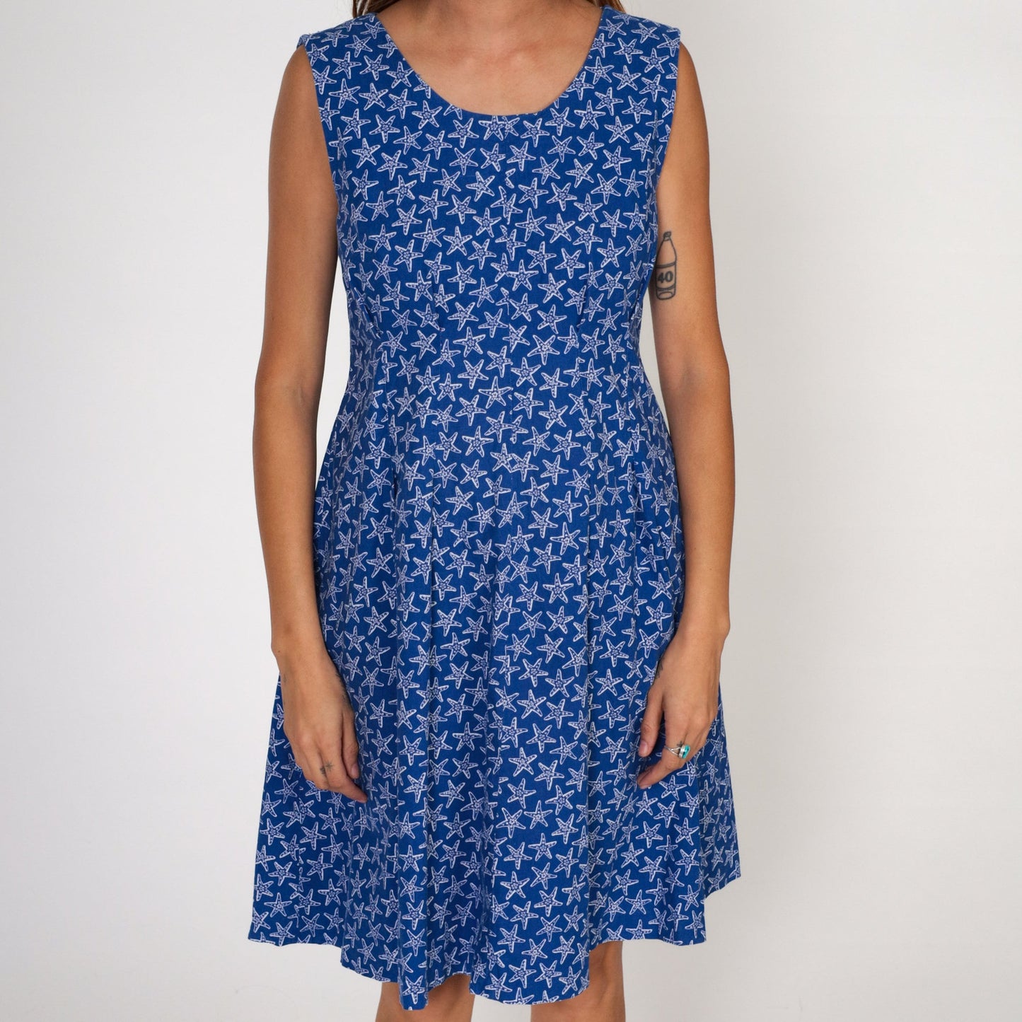 80s Starfish Print Sundress Blue Sleeveless Fit Flare Medium
