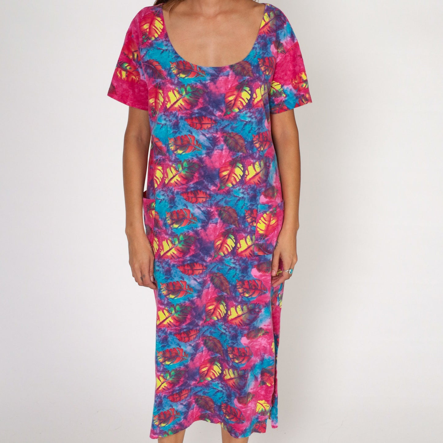 90s Tie Dye Leaf Print T-Shirt Dress Shift Cut Pockets Large