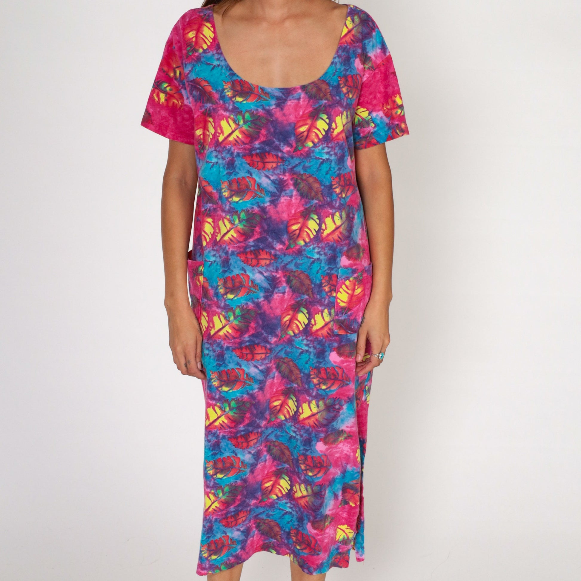 90s Tie Dye Leaf Print T-Shirt Dress Shift Cut Pockets Large