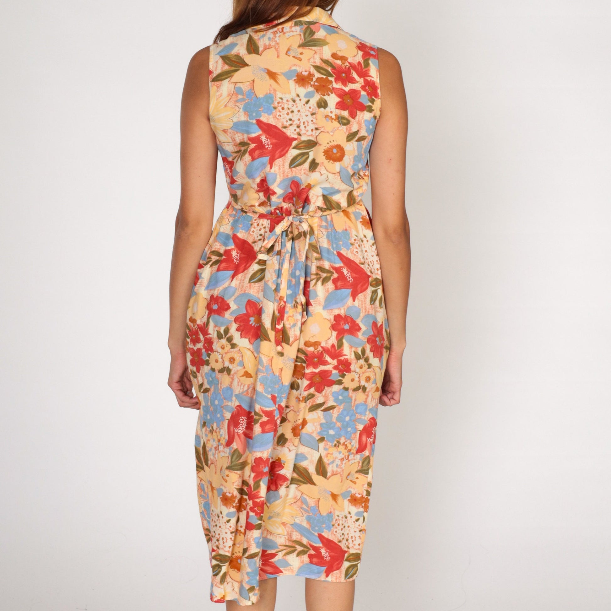 90s Floral Button-Up Midi Dress Sleeveless High Waist Red Yellow Blue Small