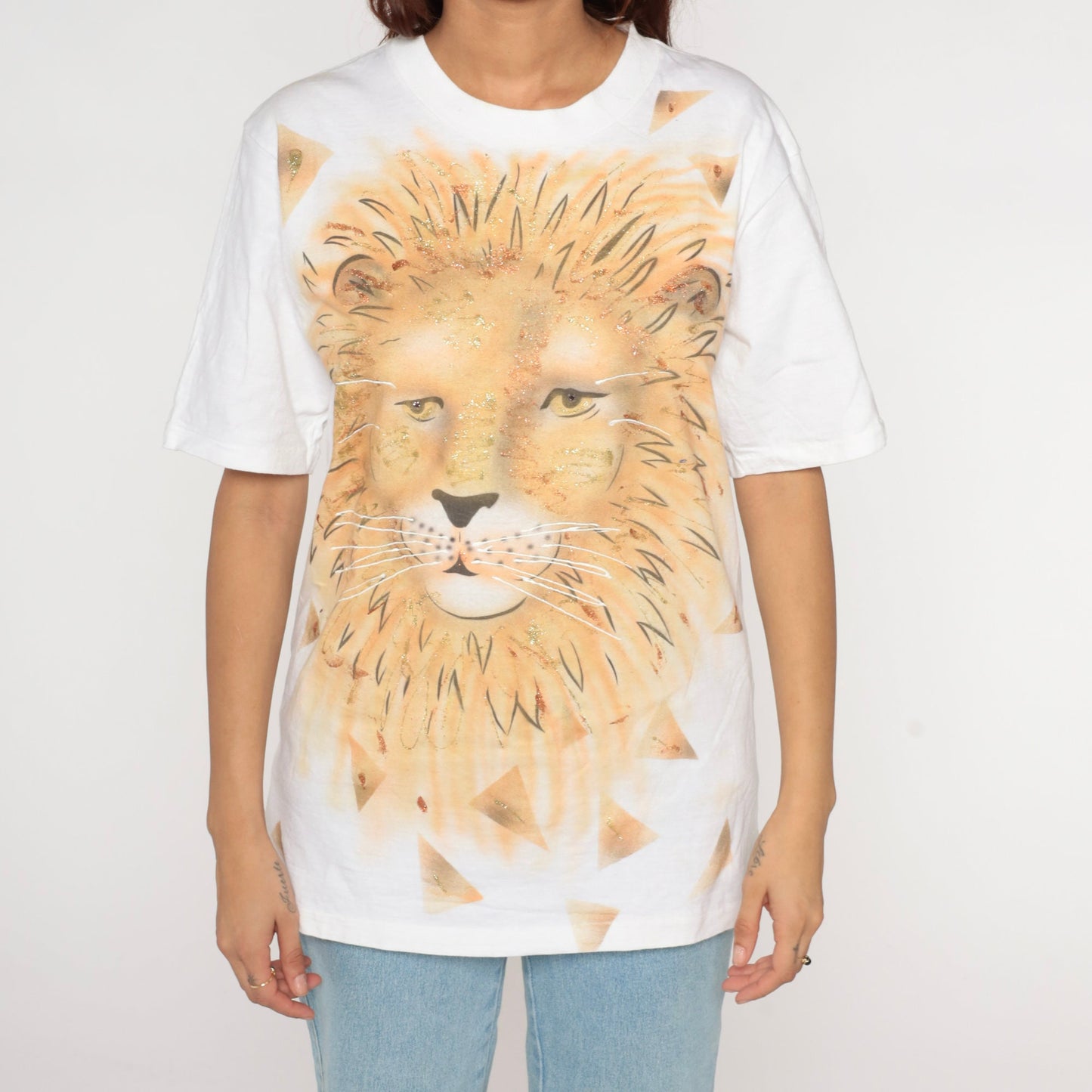 90s Oneita Lion T-Shirt White Gold Glitter Graphic Tee Medium