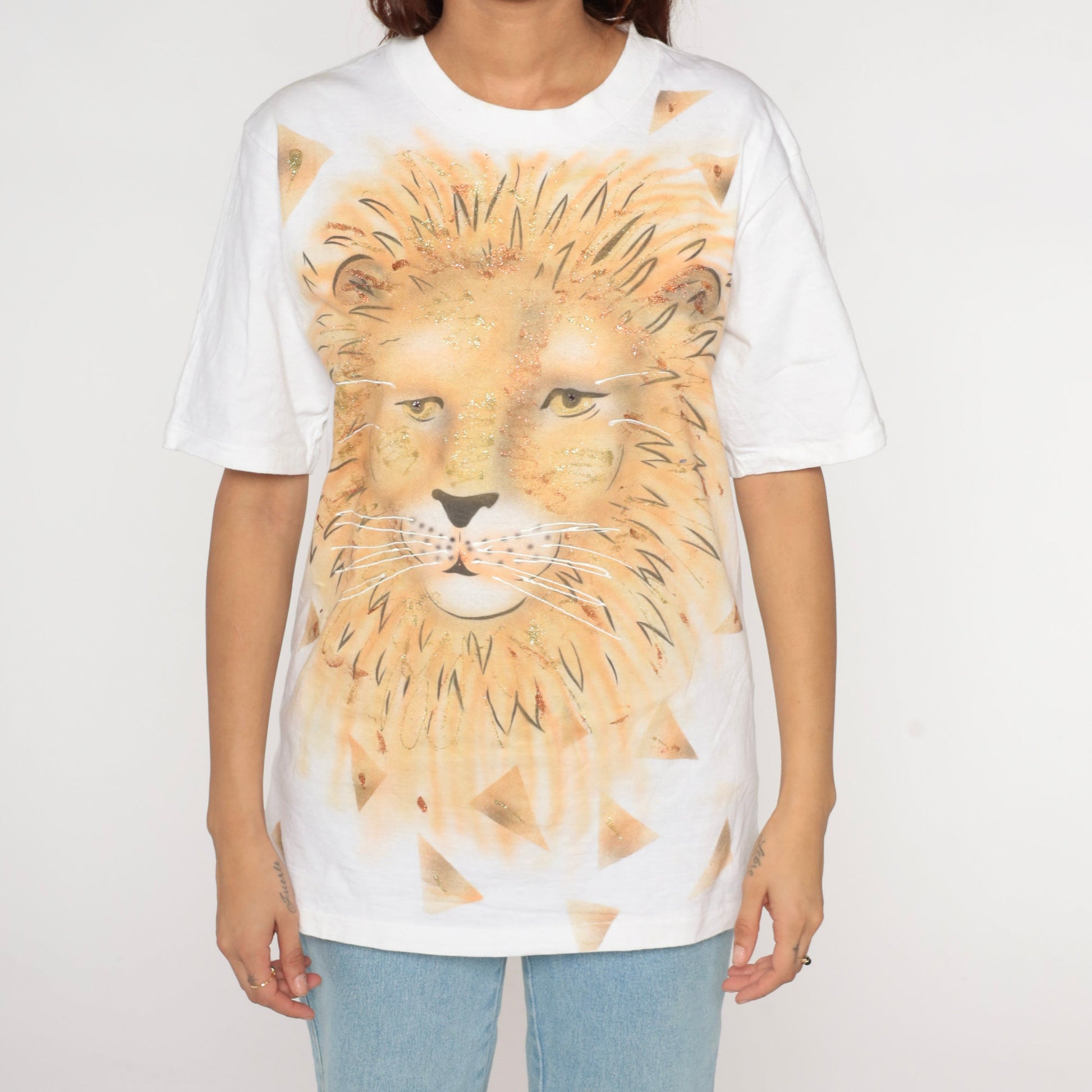 90s Oneita Lion T-Shirt White Gold Glitter Graphic Tee Medium