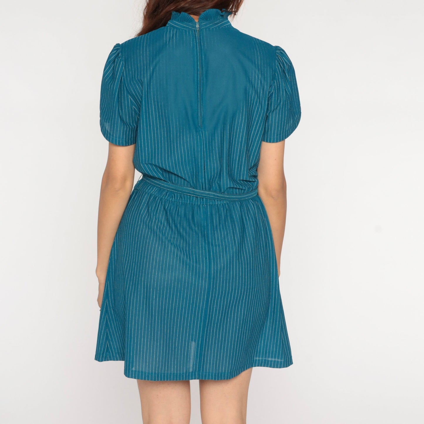 70s Teal Pinstripe Mini Dress Puff Sleeve High Waisted Belt Ruffle Neckline Medium