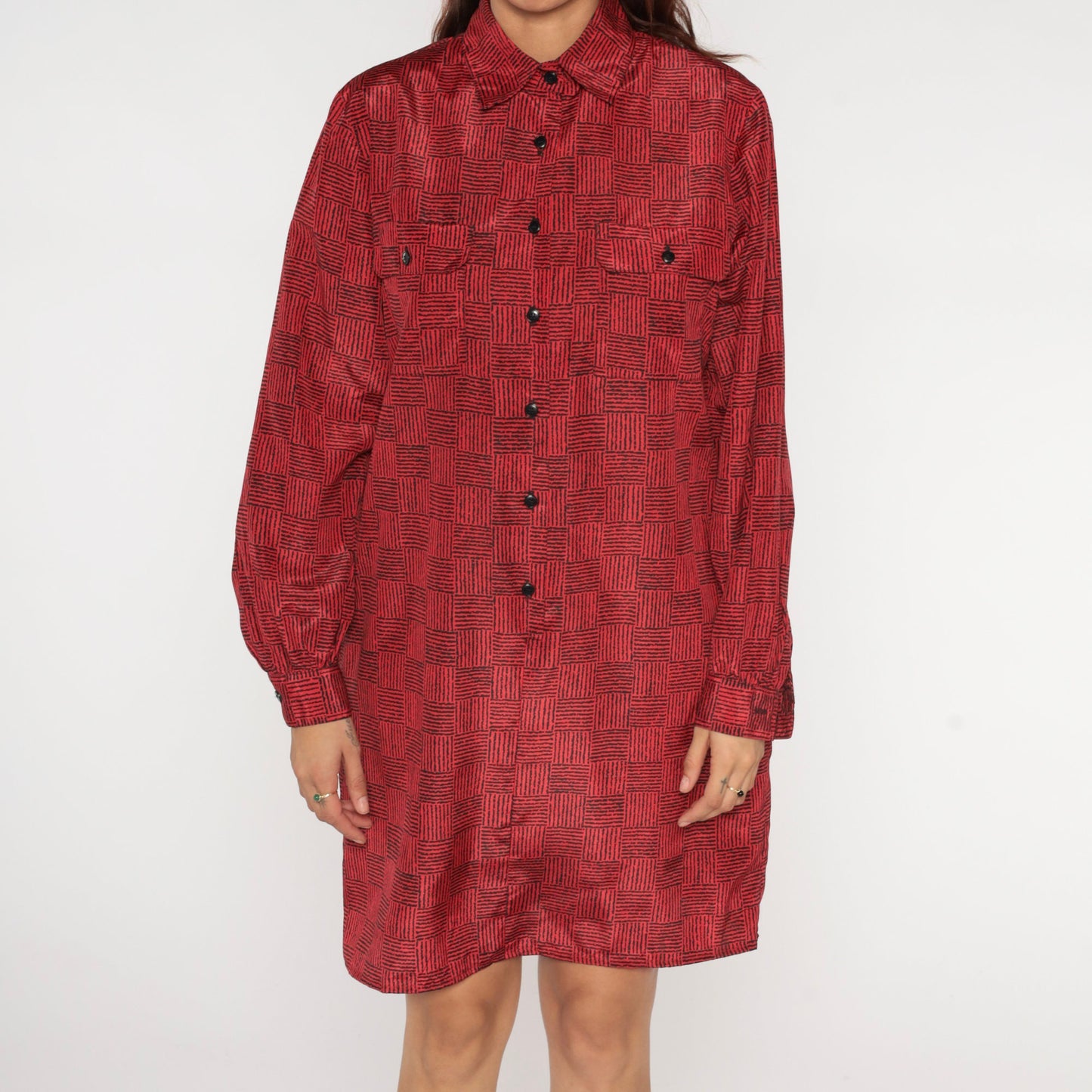80s Red Black Checkered Mini Shirtdress Button Up Collar Long Sleeve Medium