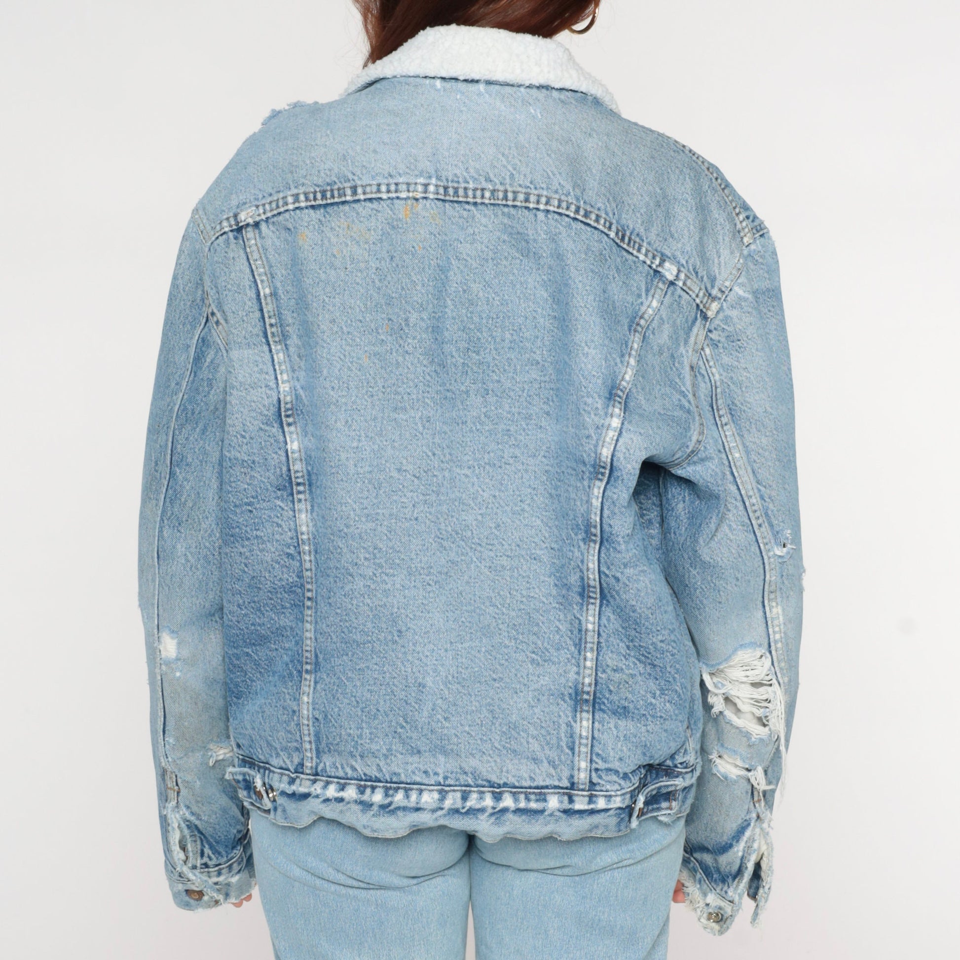 80s Levi's Sherpa Denim Jacket Blue Distressed Trucker Men's Large 44