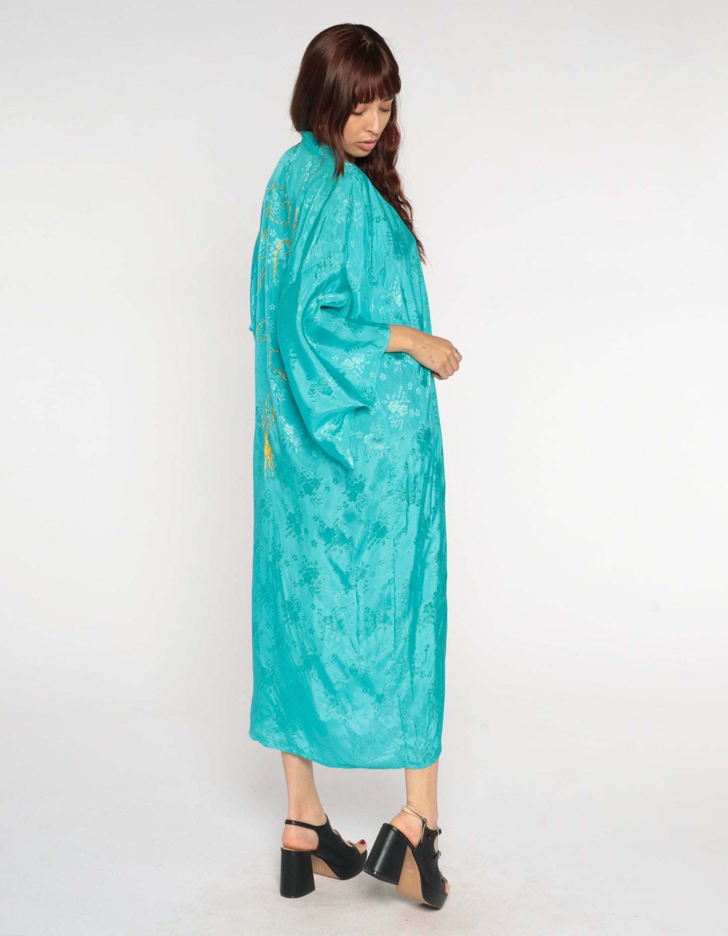 80s Dragon Embroidered Kimono Robe Turquoise Floral Maxi Small