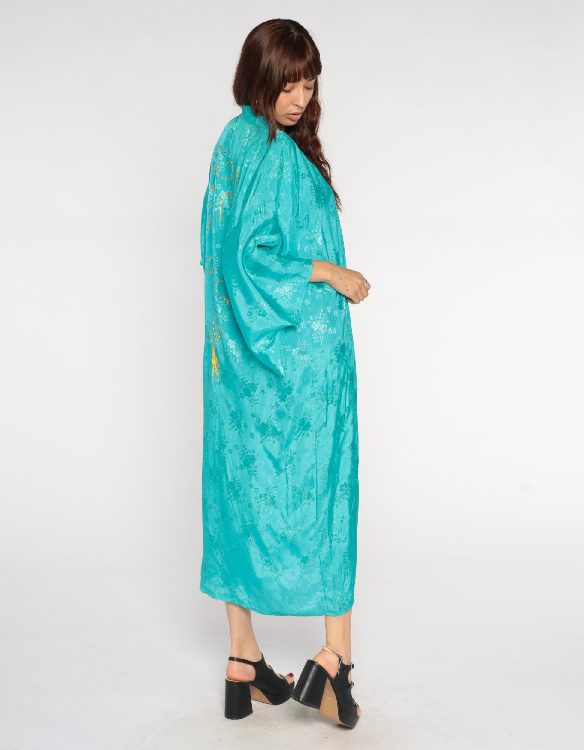80s Dragon Embroidered Kimono Robe Turquoise Floral Maxi Small