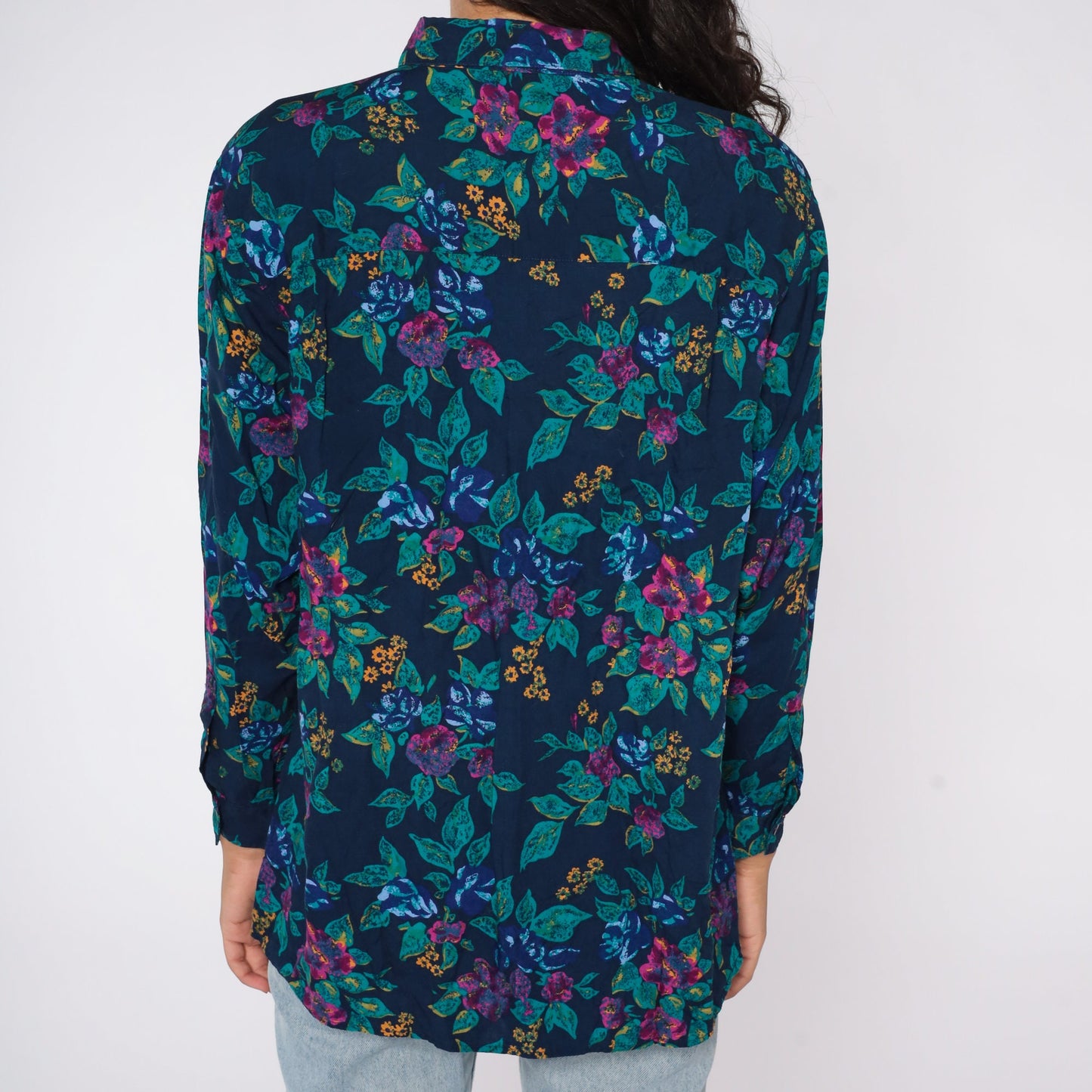 90s Floral Rayon Blouse Navy Blue Button Up Shirt Long Sleeve Medium