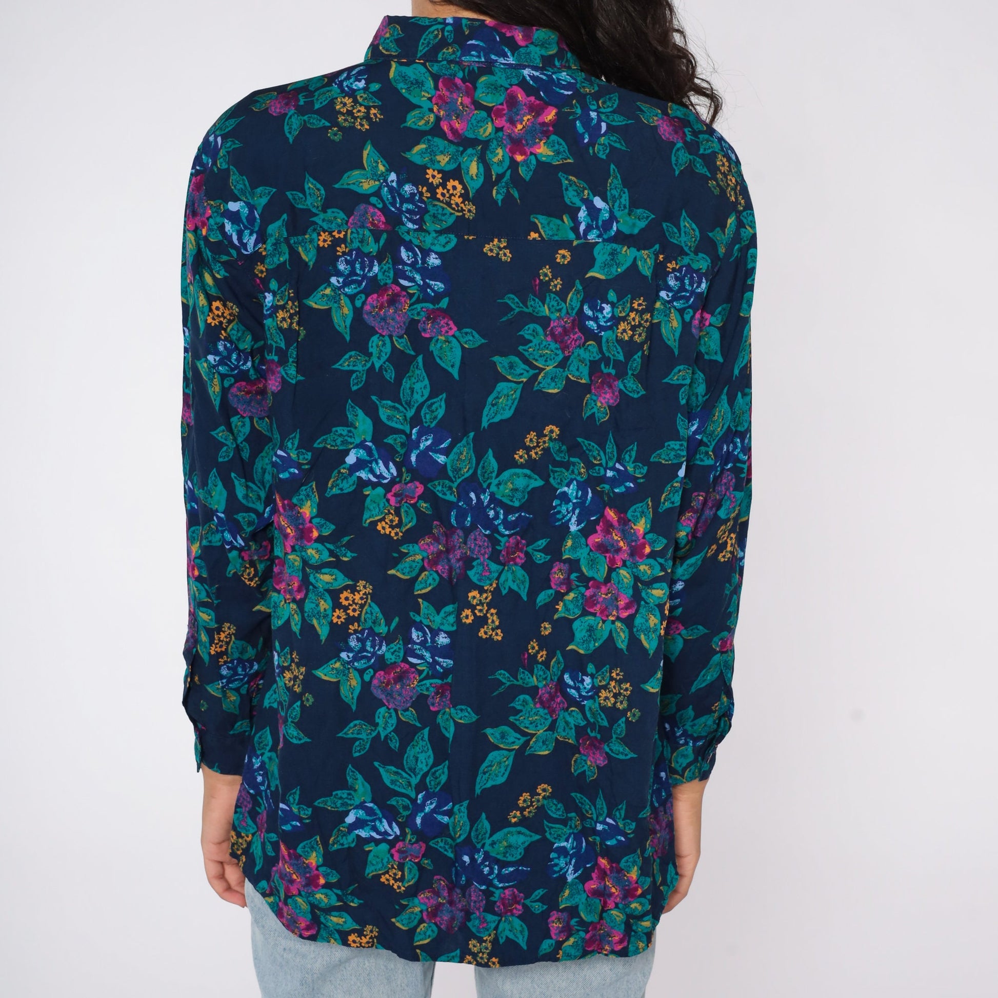 90s Floral Rayon Blouse Navy Blue Button Up Shirt Long Sleeve Medium