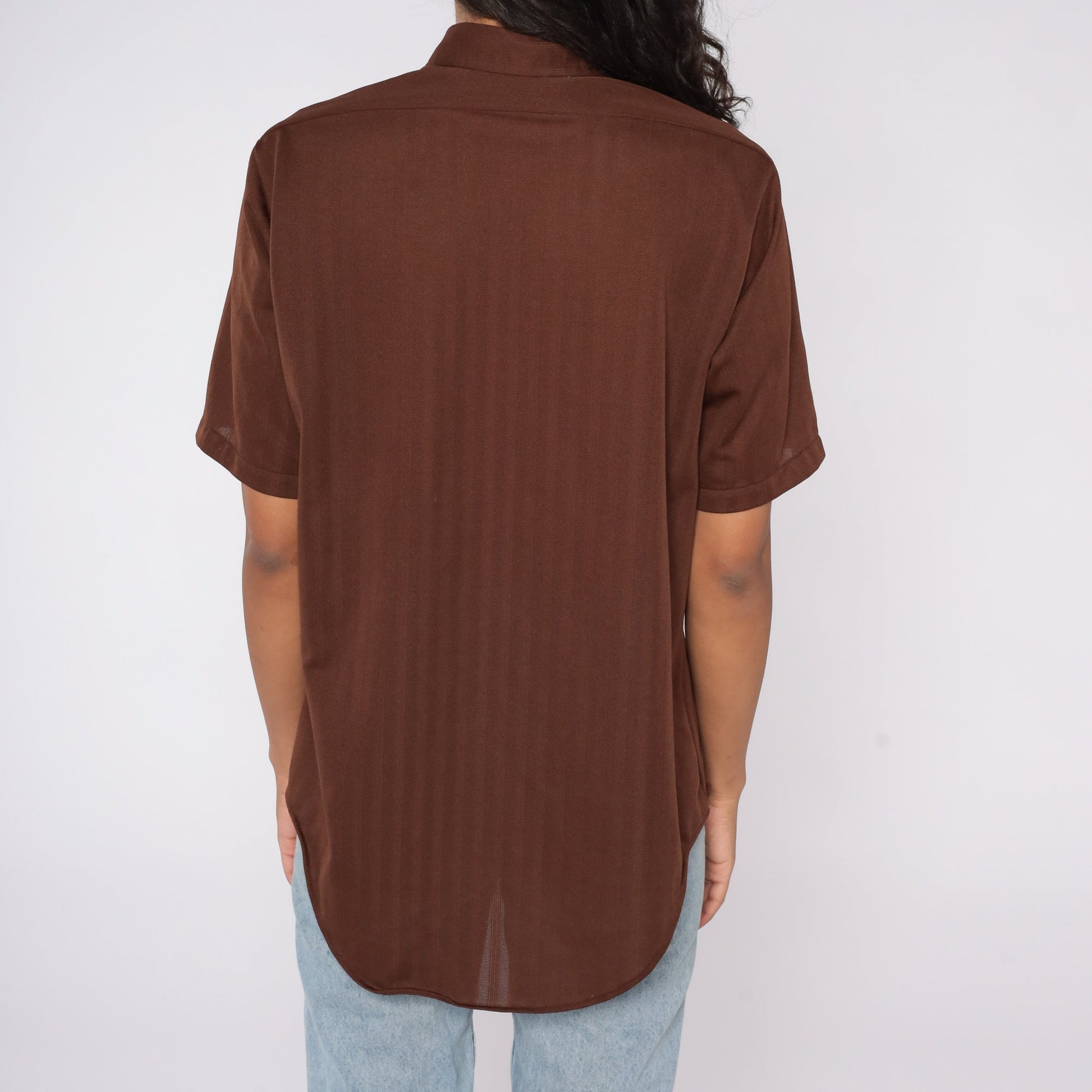 70s Di Lorenzo Brown Striped Button Up Shirt Short Sleeve Men's Medium