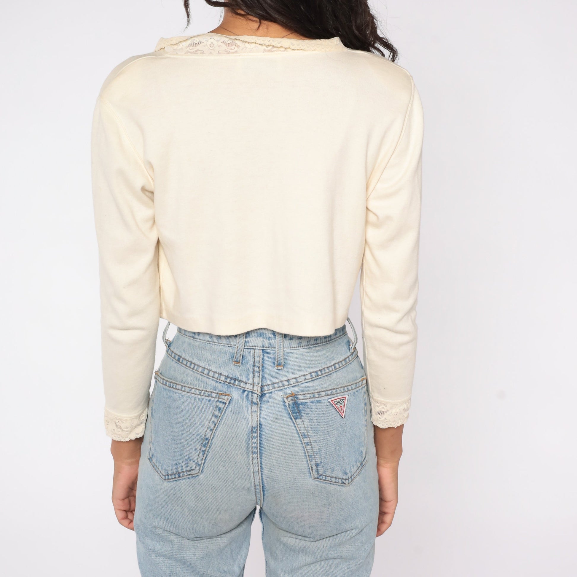 90s Cream Lace Trim Cropped Blouse Button Up Long Sleeve Small Medium