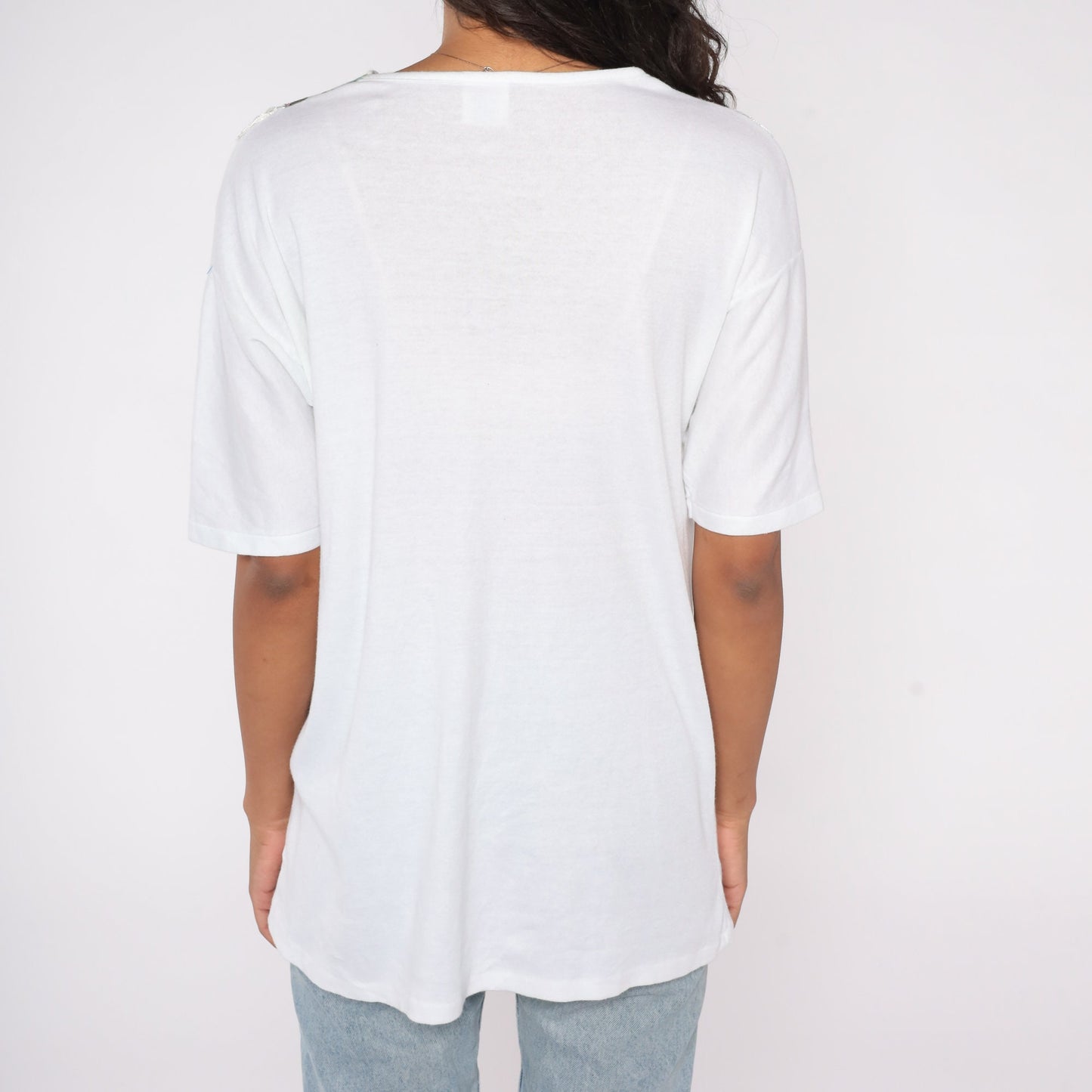 1990s Floral Studded Western Yoke T-Shirt White V-Neck Fringe Cowgirl Large