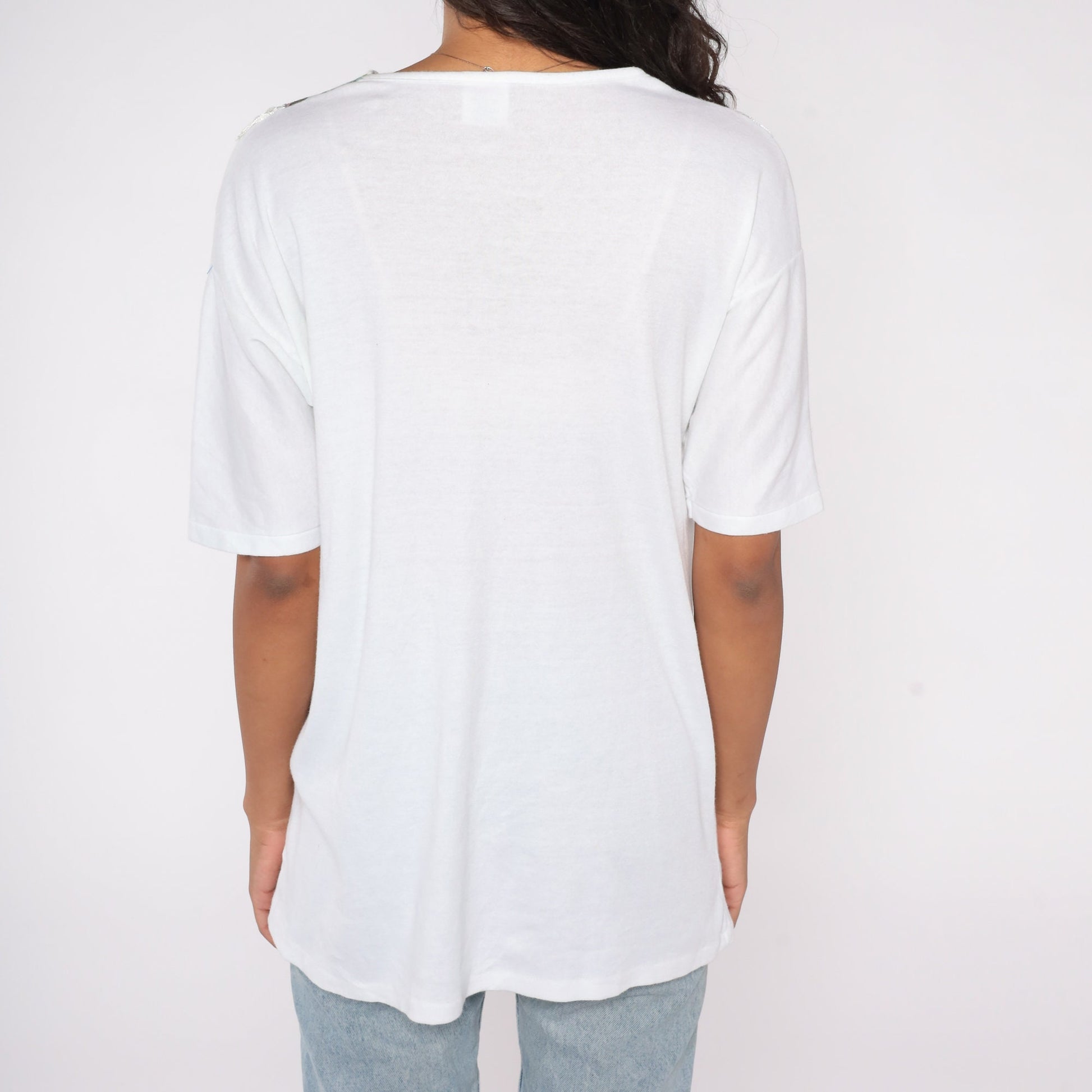 1990s Floral Studded Western Yoke T-Shirt White V-Neck Fringe Cowgirl Large