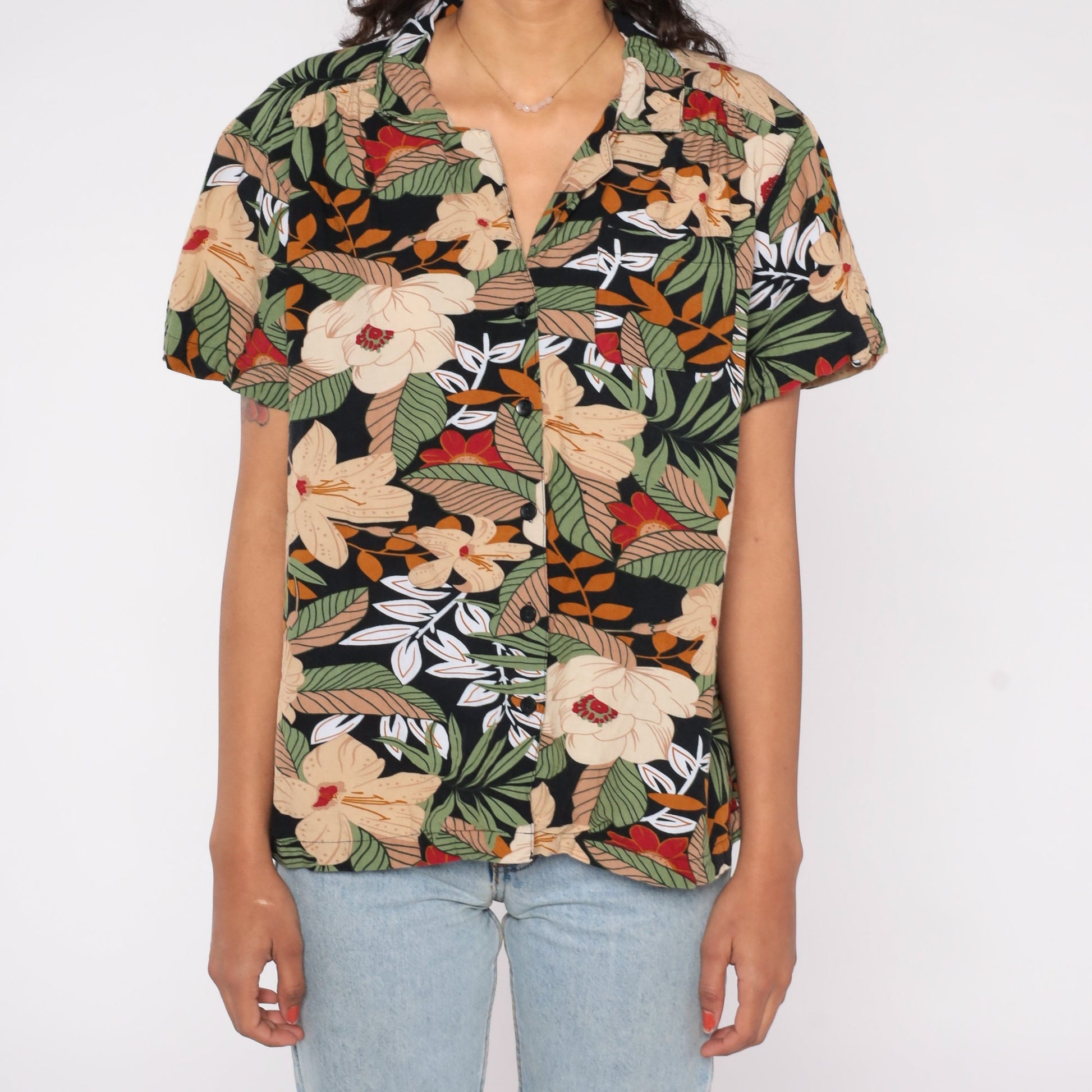 90s Tropical Floral Button Up Blouse Tan Leaf Print Short Sleeve Large L