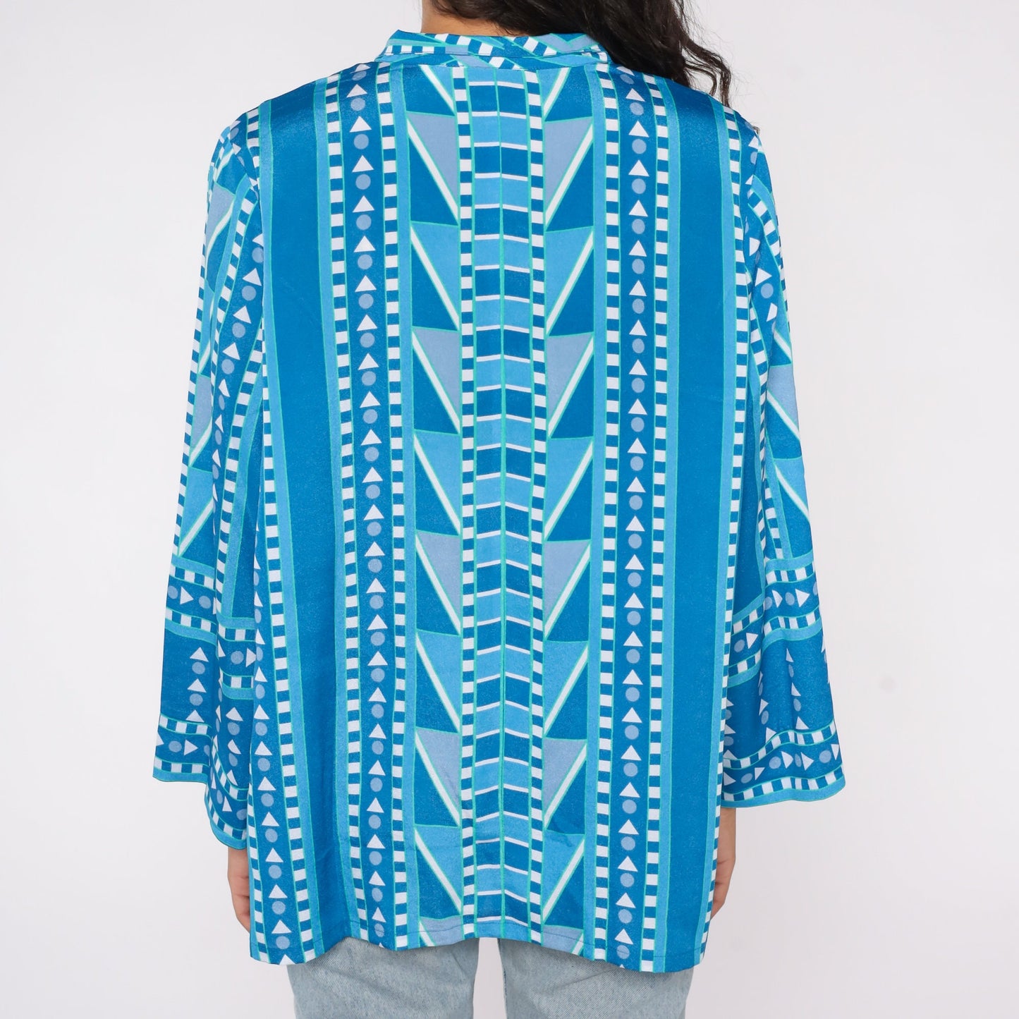 90s Bob Mackie Geometric Print Button-Up Blouse Blue Large