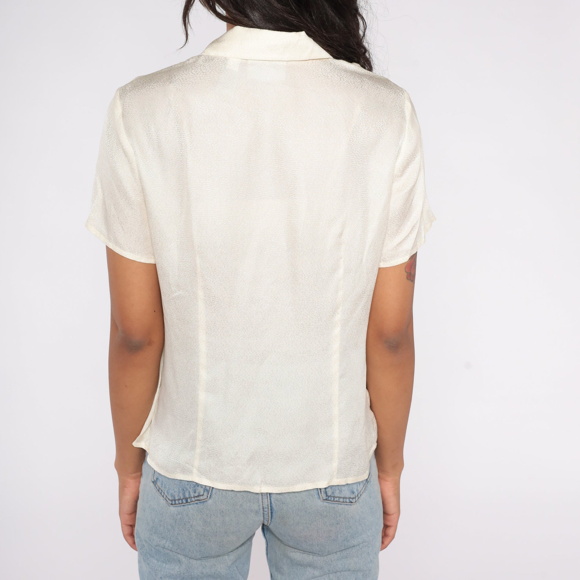 Y2K Liz Claiborne White Snakeskin Print Silk Blouse Short Sleeve Small
