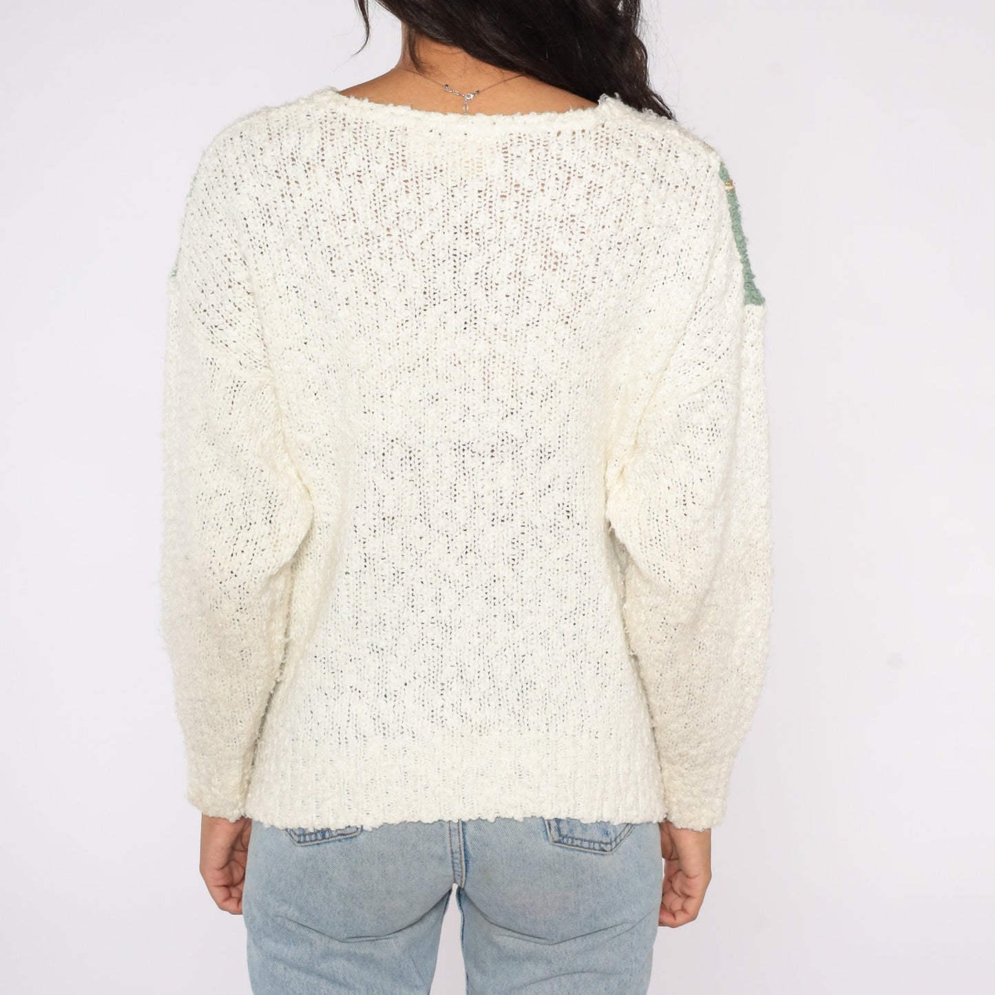 80s Floral Beaded Sweater Off-White Pearl Knit Pullover Large