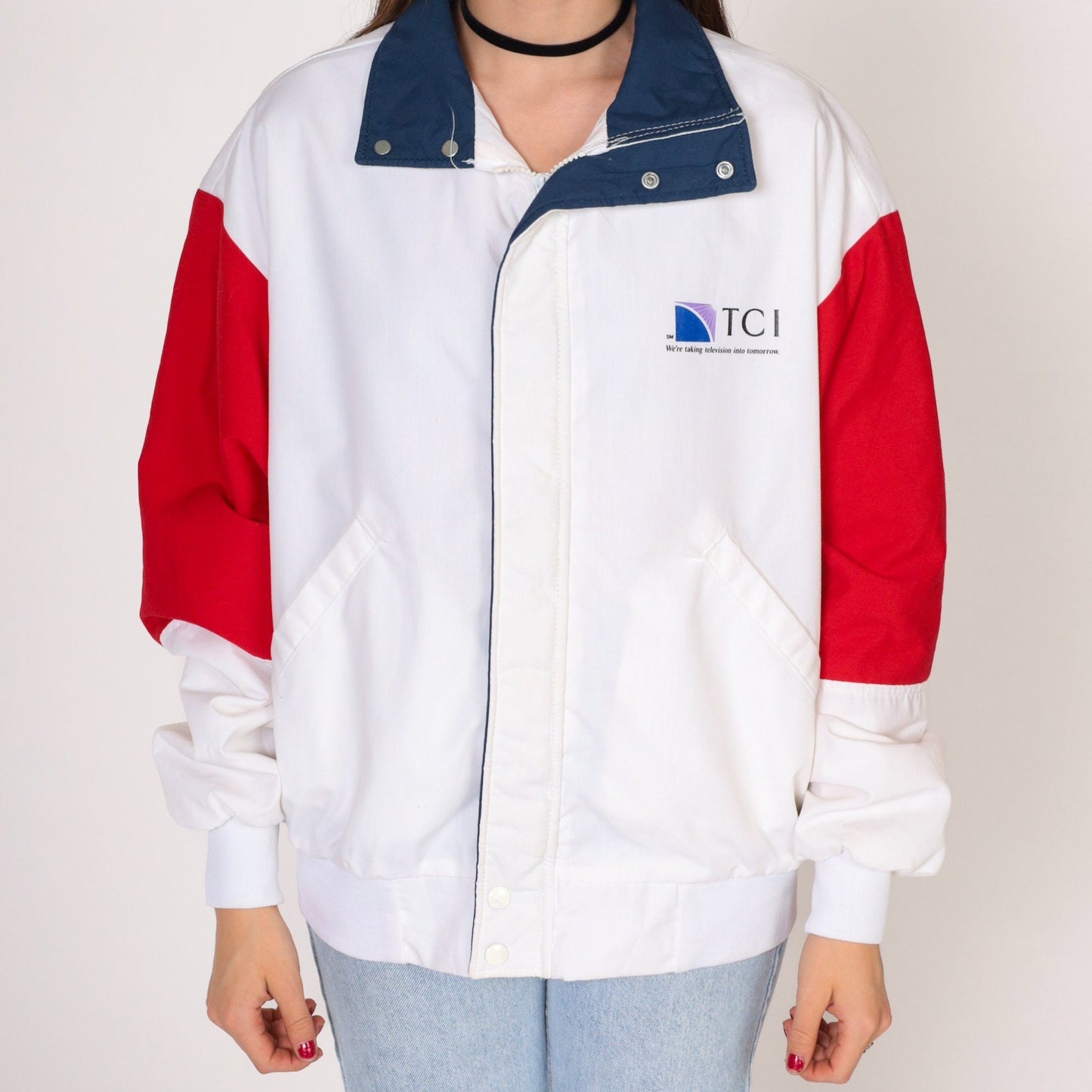 80s TCI Cable Television Windbreaker Jacket White Red Blue Medium