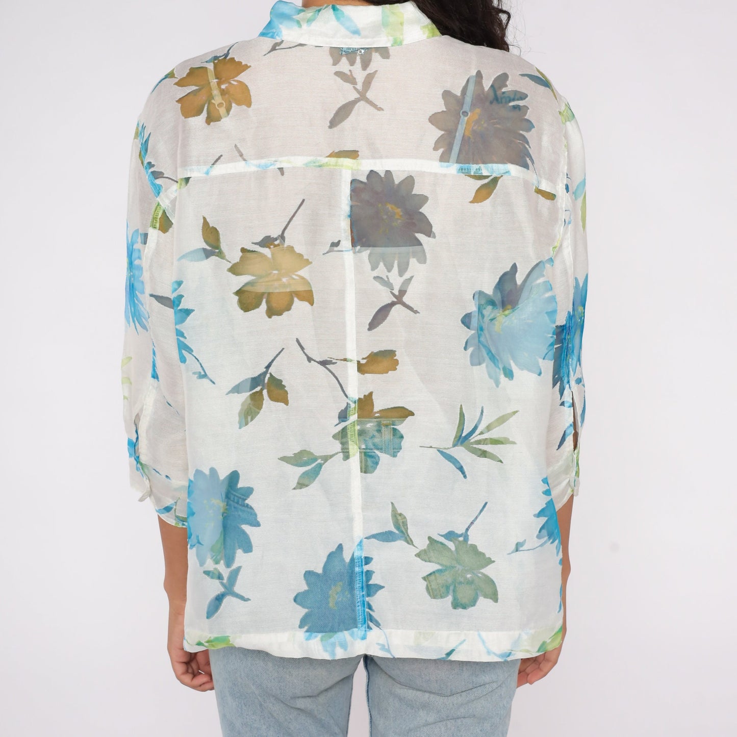 Y2K Sheer Floral White Button-Up Blouse Long Sleeve Collar Extra Large