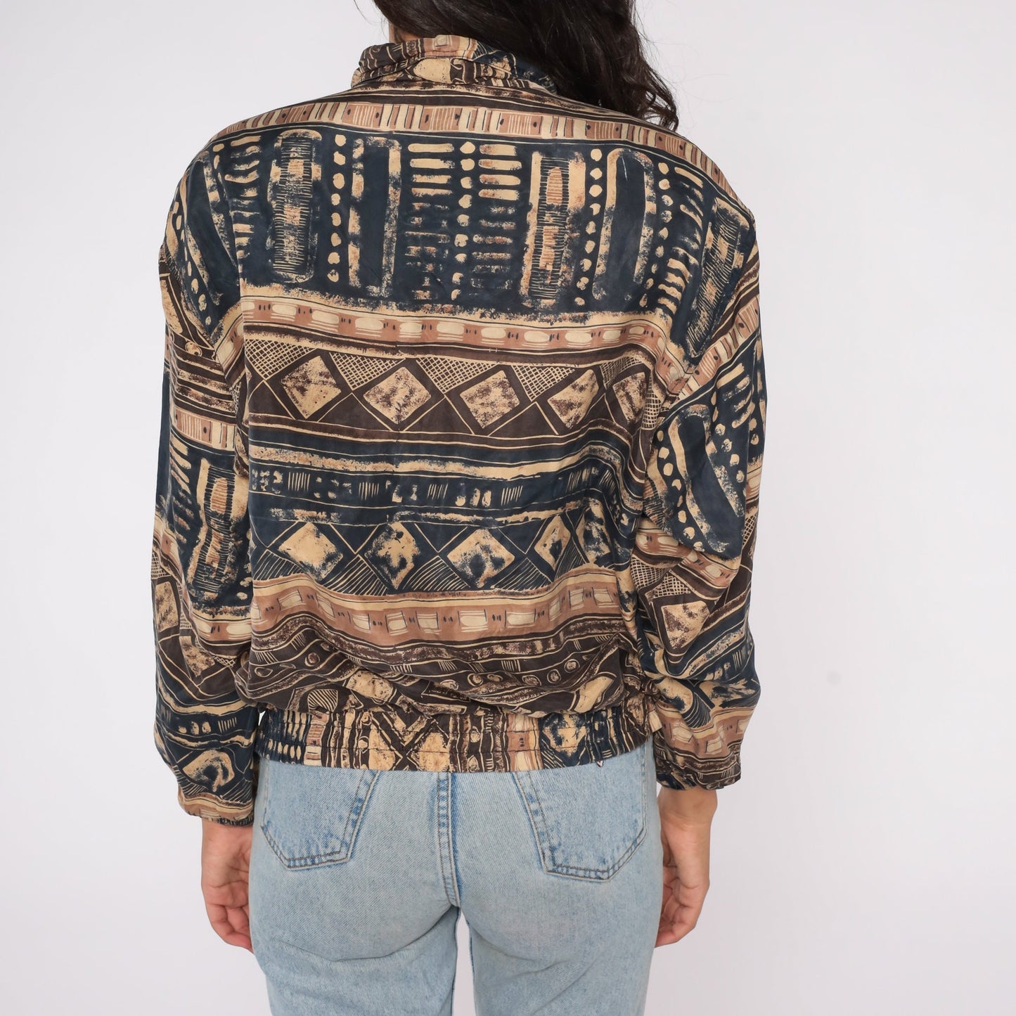 90s East West Silk Windbreaker Geometric Print Zip Jacket Small