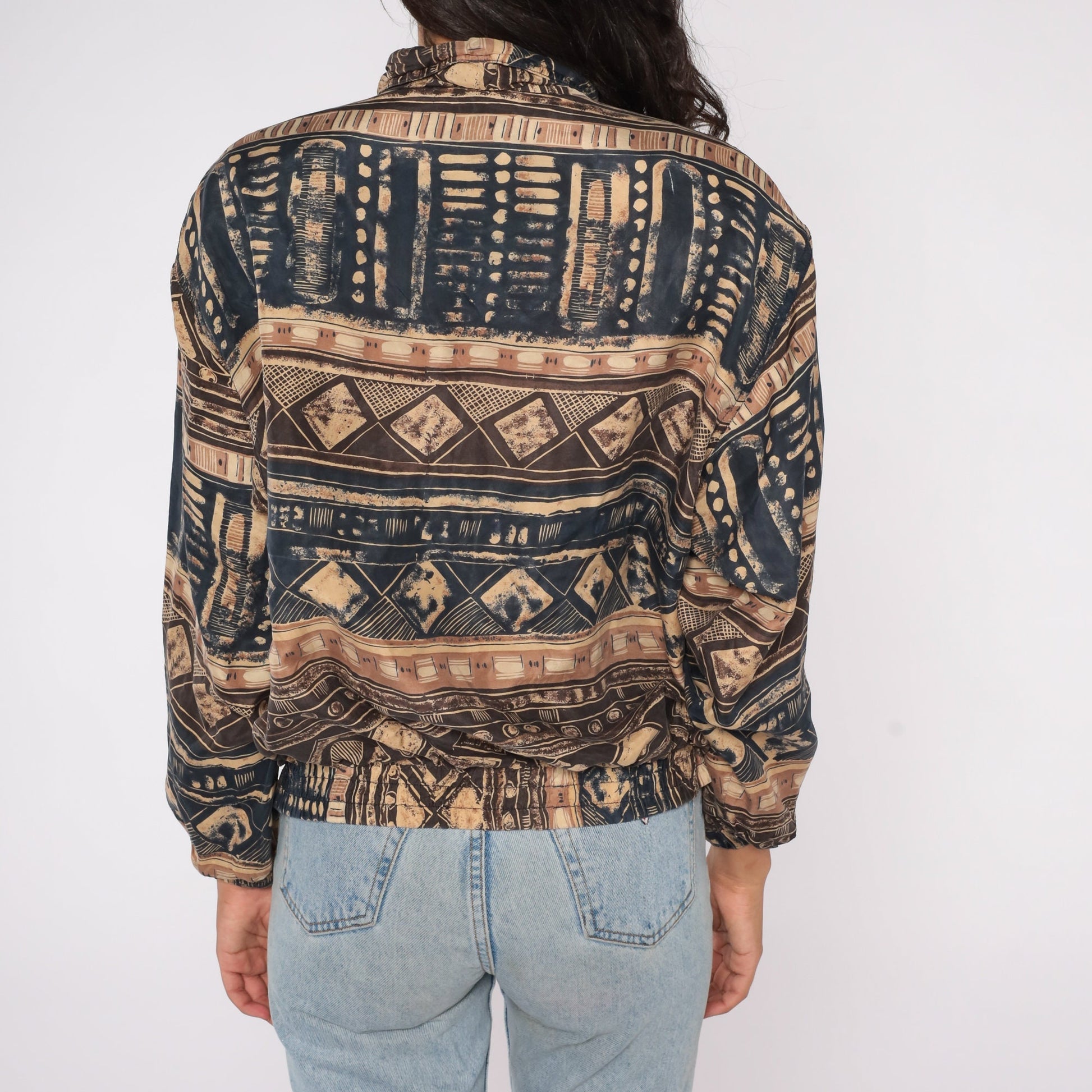 90s East West Silk Windbreaker Geometric Print Zip Jacket Small