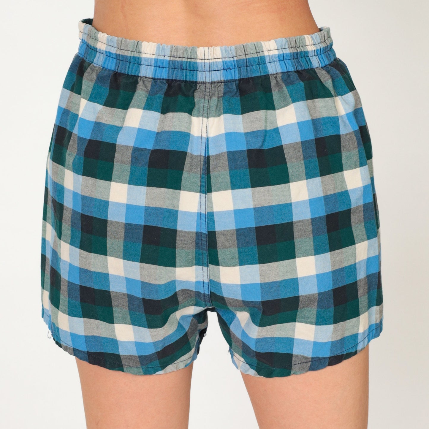 70s Plaid Swim Shorts Green Blue White Elastic Waist Small