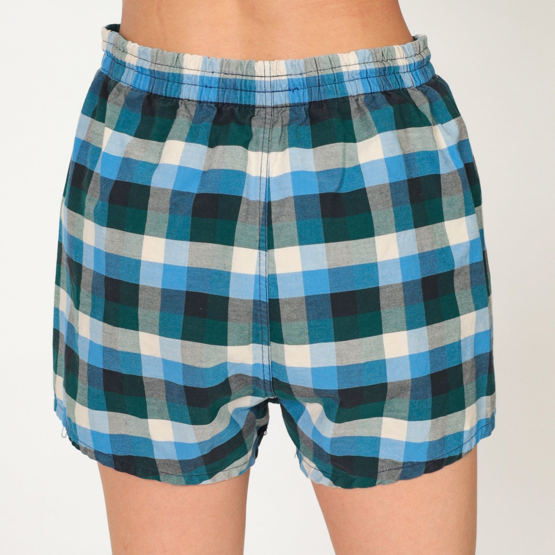 70s Plaid Swim Shorts Green Blue White Elastic Waist Small