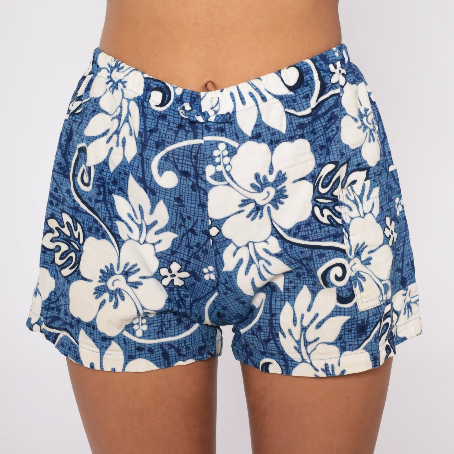 90s Hawaiian Floral Shorts Blue Hibiscus High Waist Cotton Small