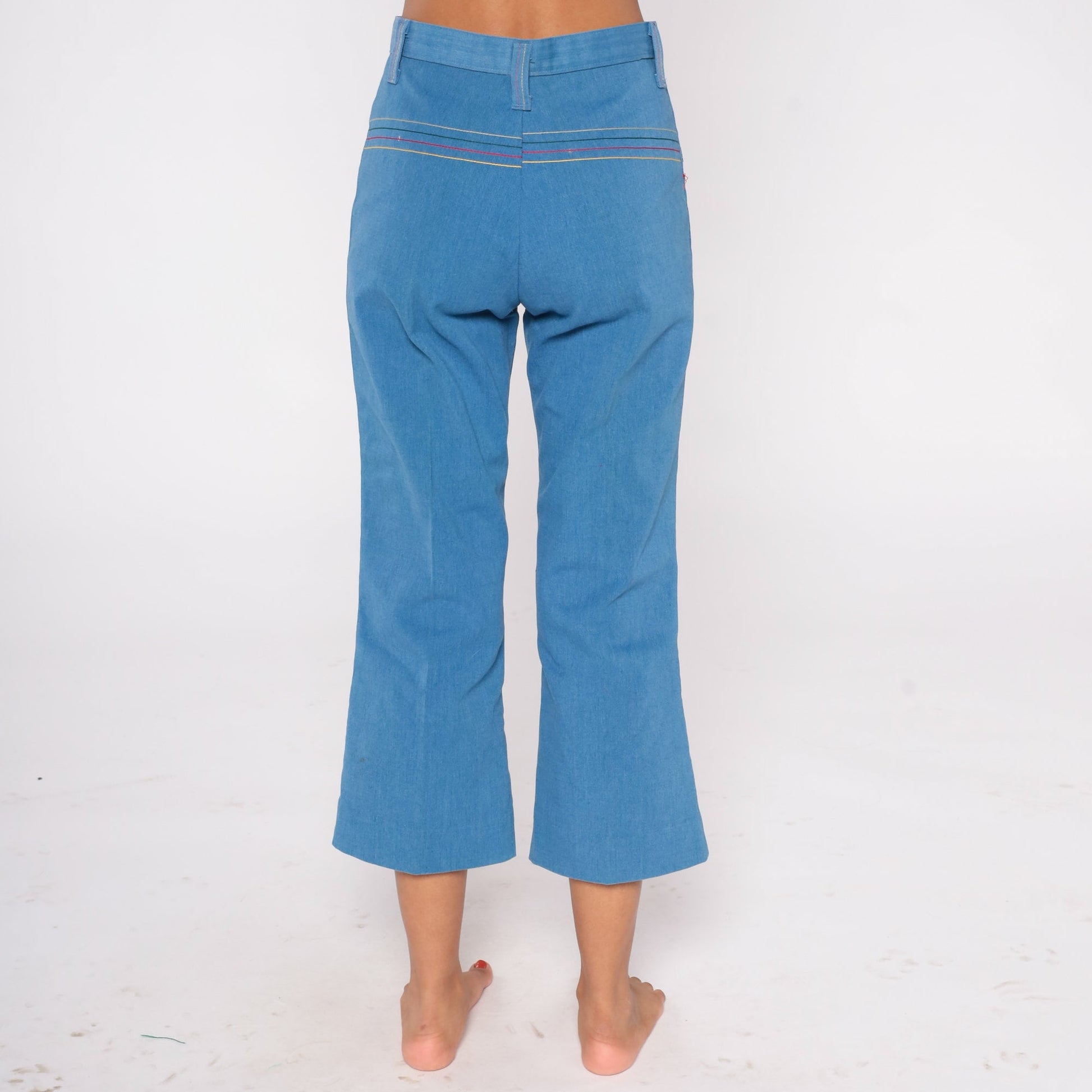 70s High Waisted Bell Bottom Jeans Cropped Flare Denim Blue Extra Small