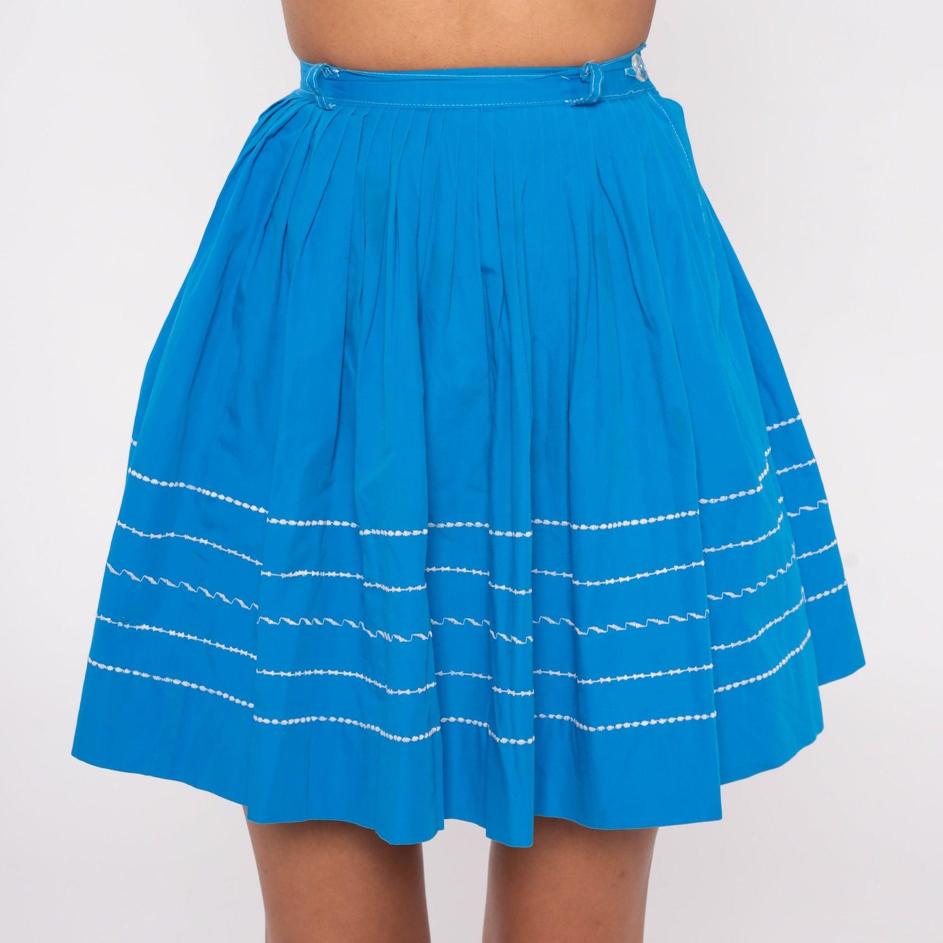 60s Blue Striped Pleated Mini Skirt High Waist Cotton 2XS