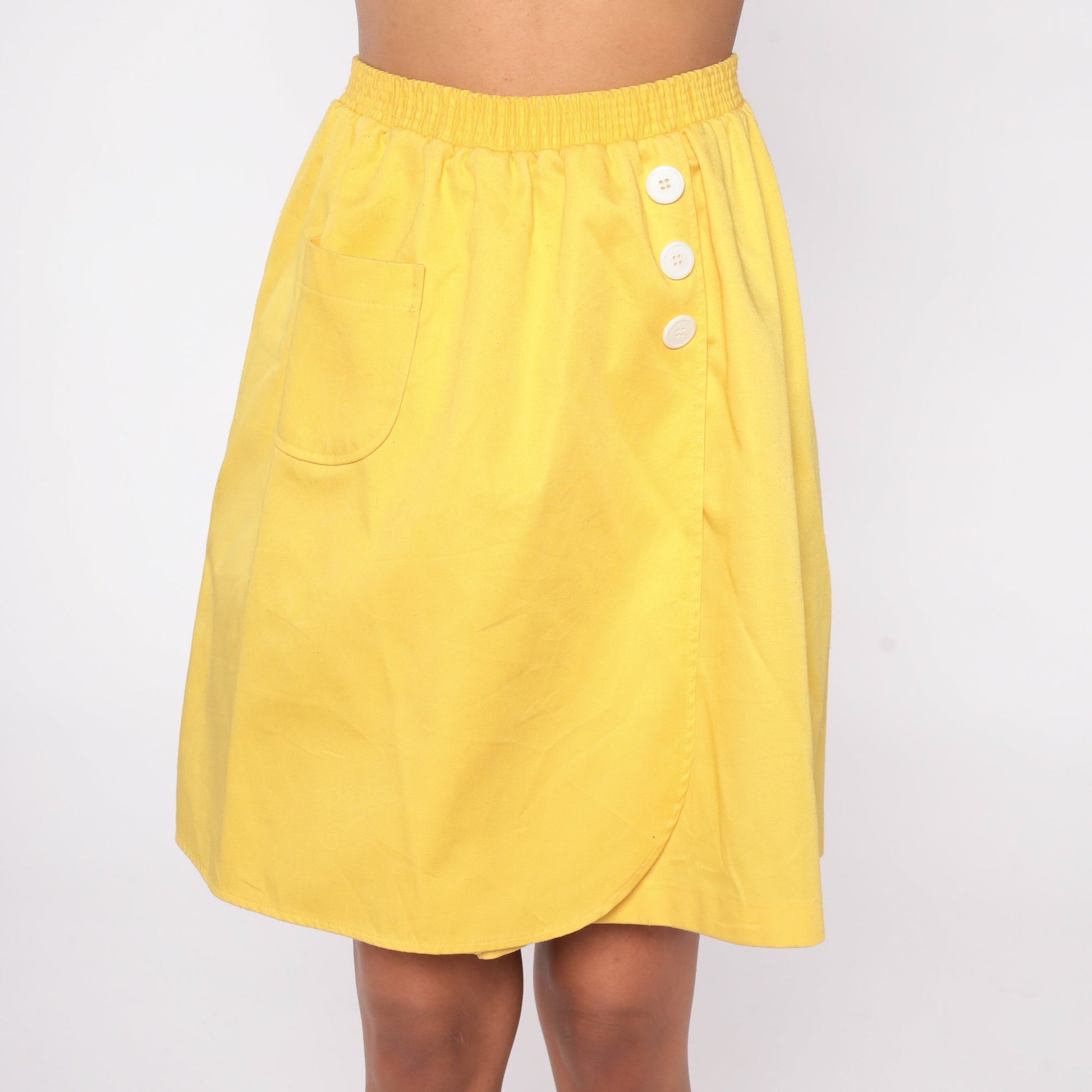 80s Yellow Mini Skirt Tulip Hem High Waist Elastic Pocket Medium M