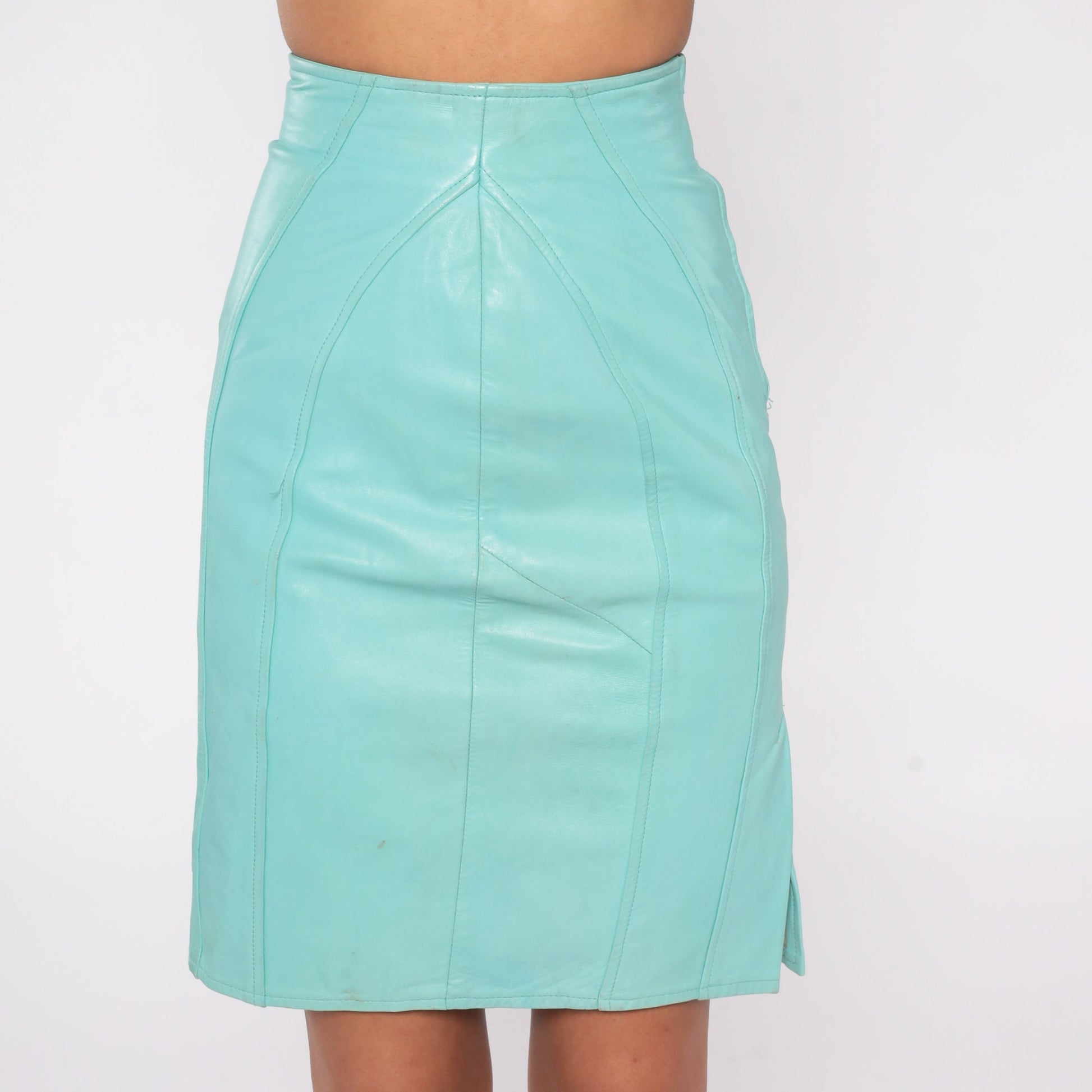 90s Aqua Leather Mini Skirt High Waist Pencil Side Slit Extra Small