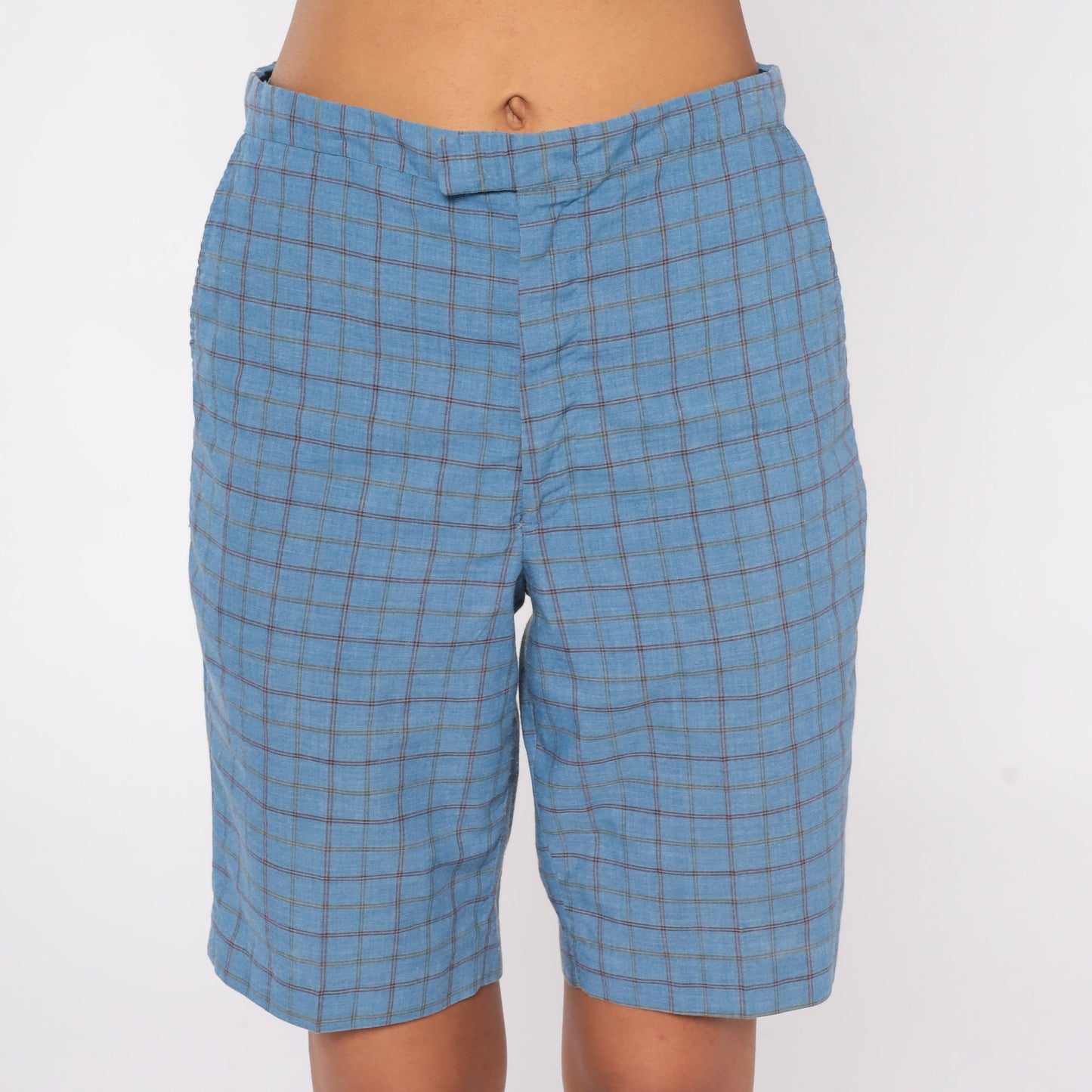 70s Blue Checkered Bermuda Shorts Knee Length Mid Rise Small