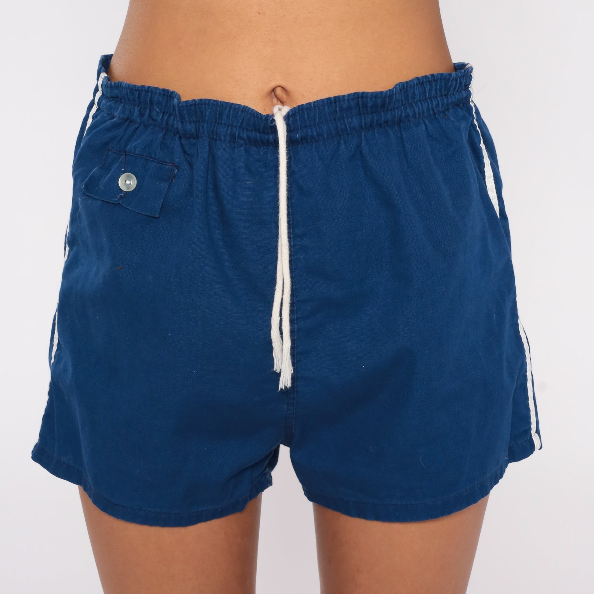 80s Blue Cotton Running Shorts High Rise Drawstring Waist Medium