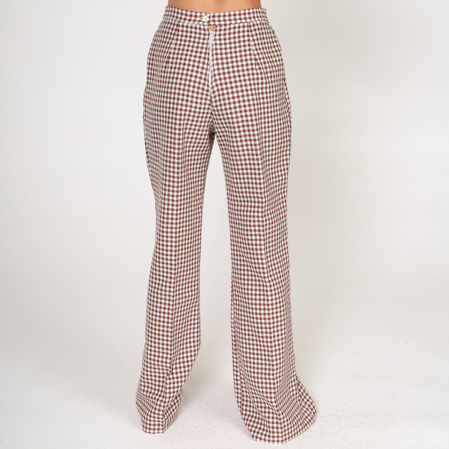 70s Gingham Bell Bottom Pants Brown White High Rise Flared Trousers Small