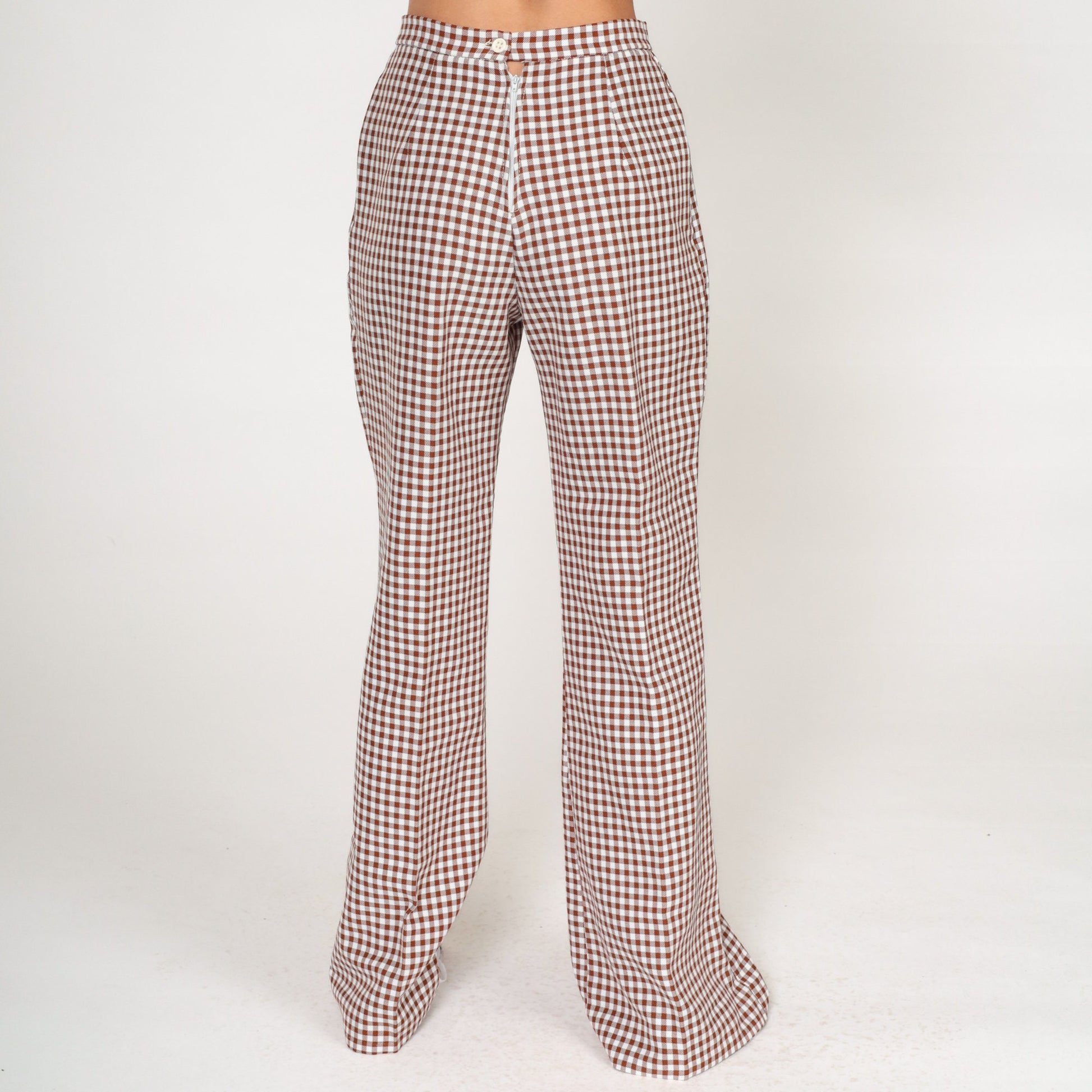 70s Gingham Bell Bottom Pants Brown White High Rise Flared Trousers Small