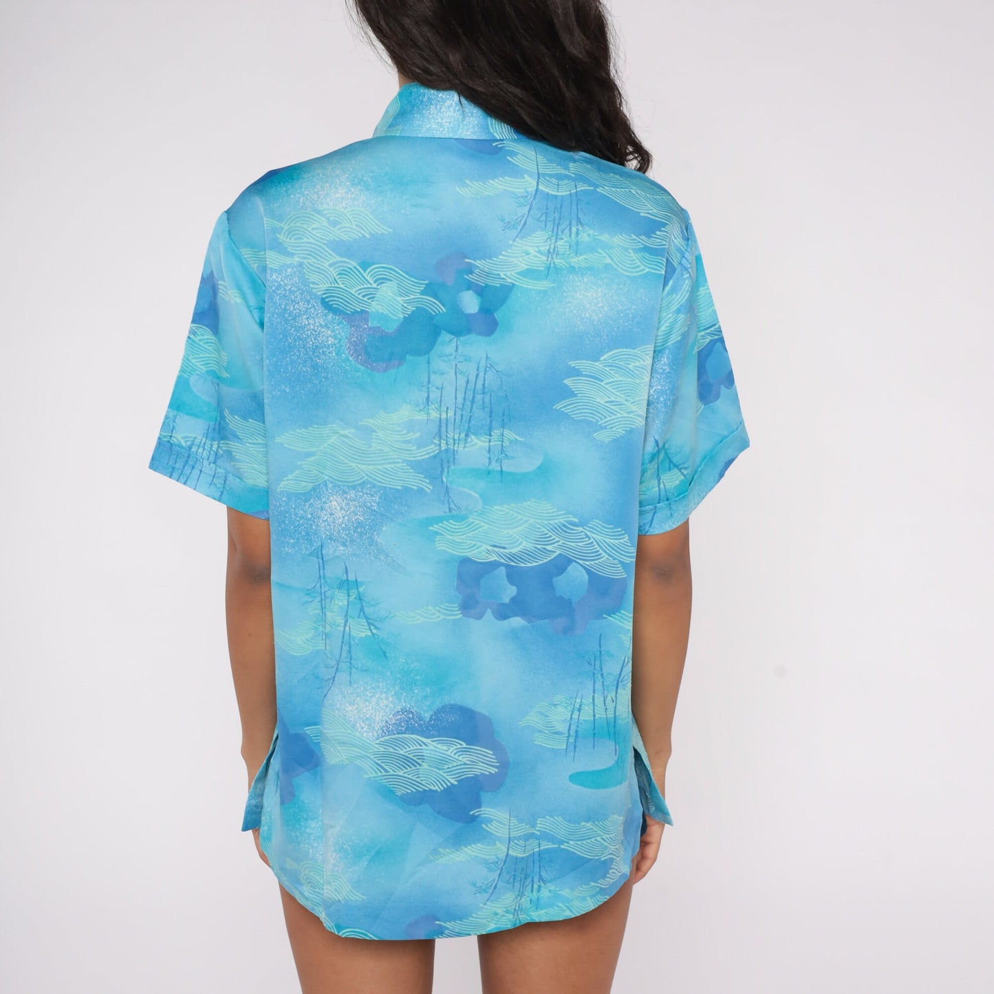 70s Lehua Hawaii Polo Shirt Blue Abstract Cloud Wave Print Medium M