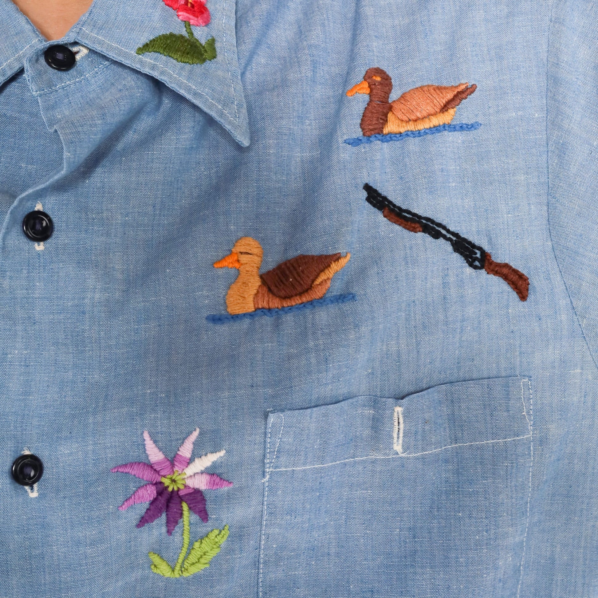 70s Blue Chambray Embroidered Button Up Blouse Floral Animal Motif Large
