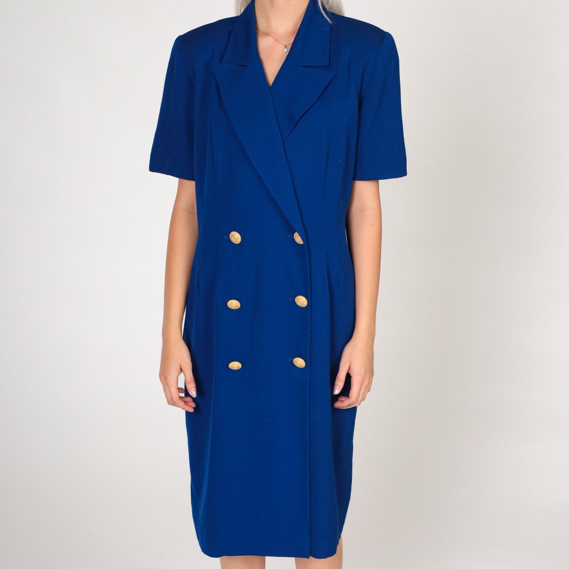 80s Royal Blue Double Breasted Button Up Midi Dress Gold Trim Medium 10