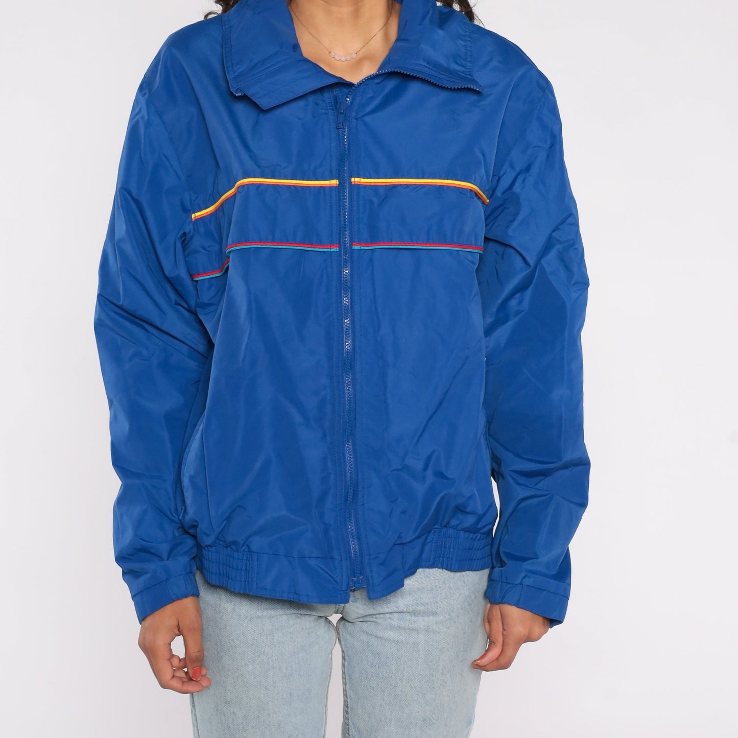 90s Blue Striped Windbreaker Jacket Zip Up Nylon Warmup Large
