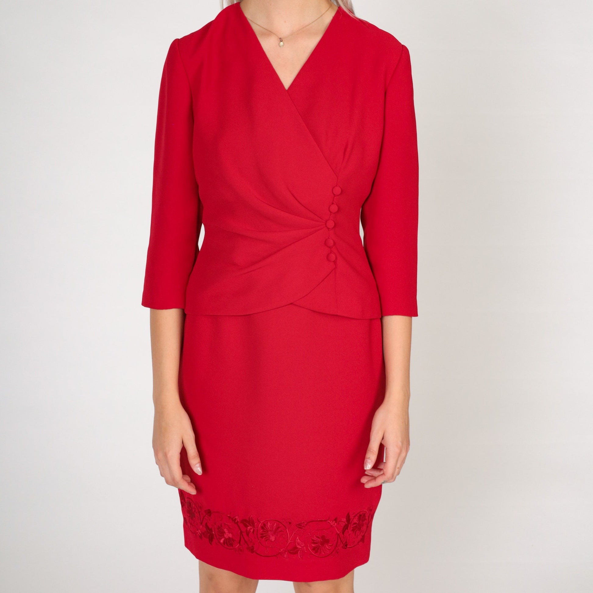 90s Donna Morgan Red Mini Dress Faux Wrap Button Up Floral Embroidered Extra Small