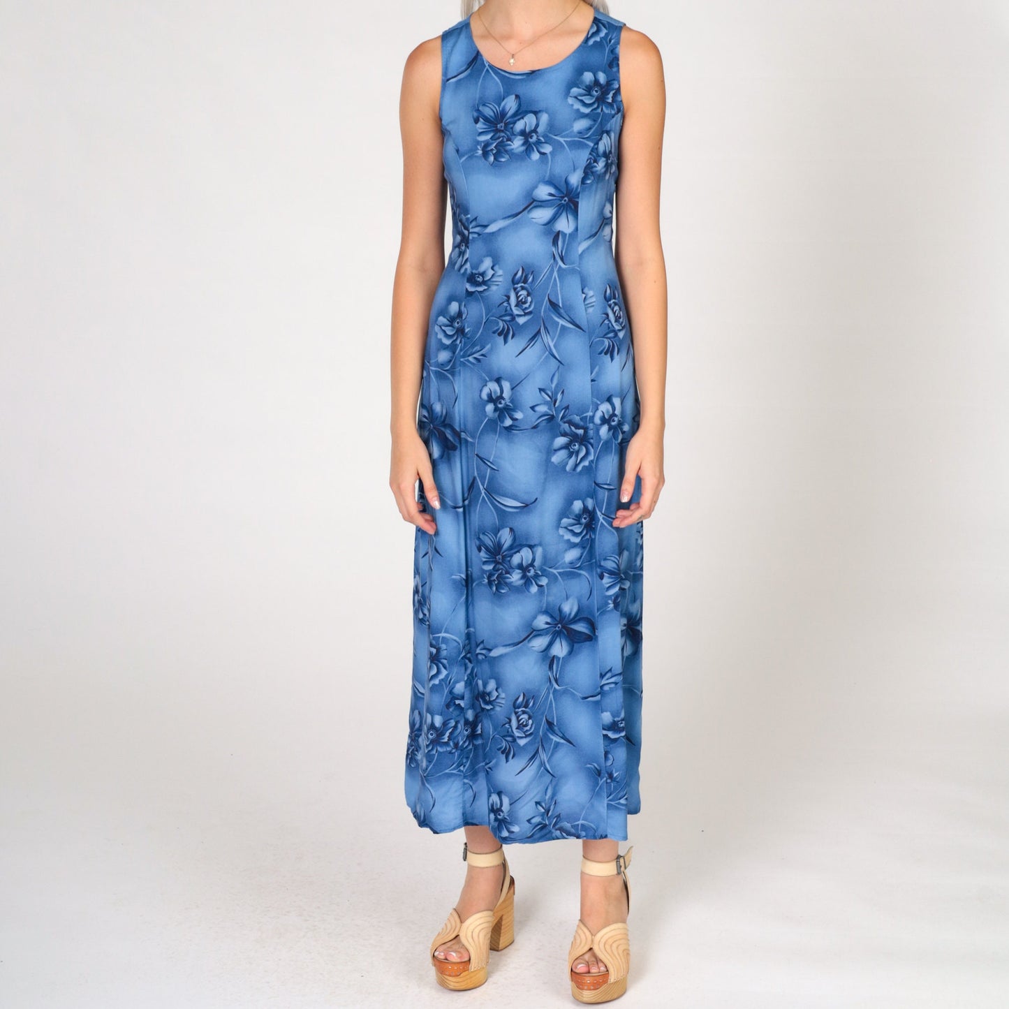 90s Blue Floral Sheath Dress Sleeveless Ankle Length Extra Small