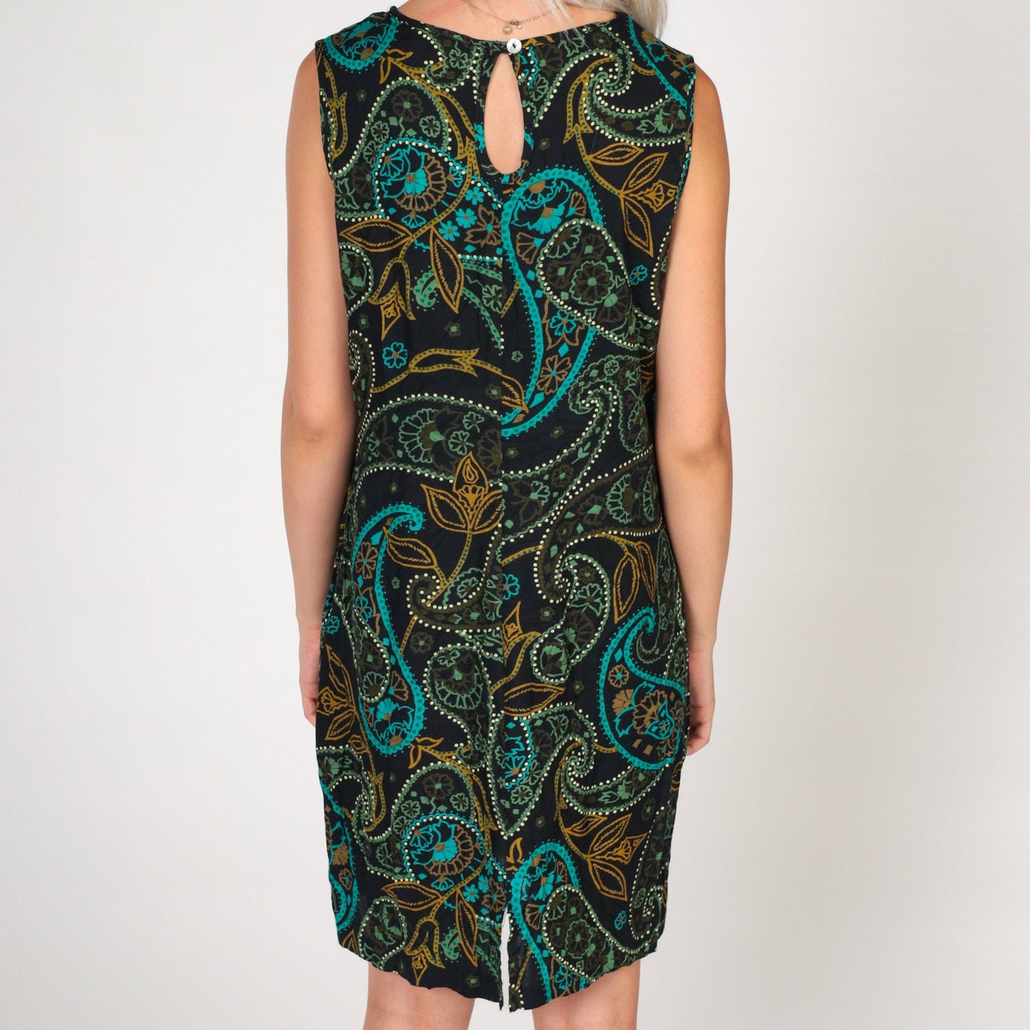 90s Paisley Mini Shift Dress Sleeveless Black Green Medium