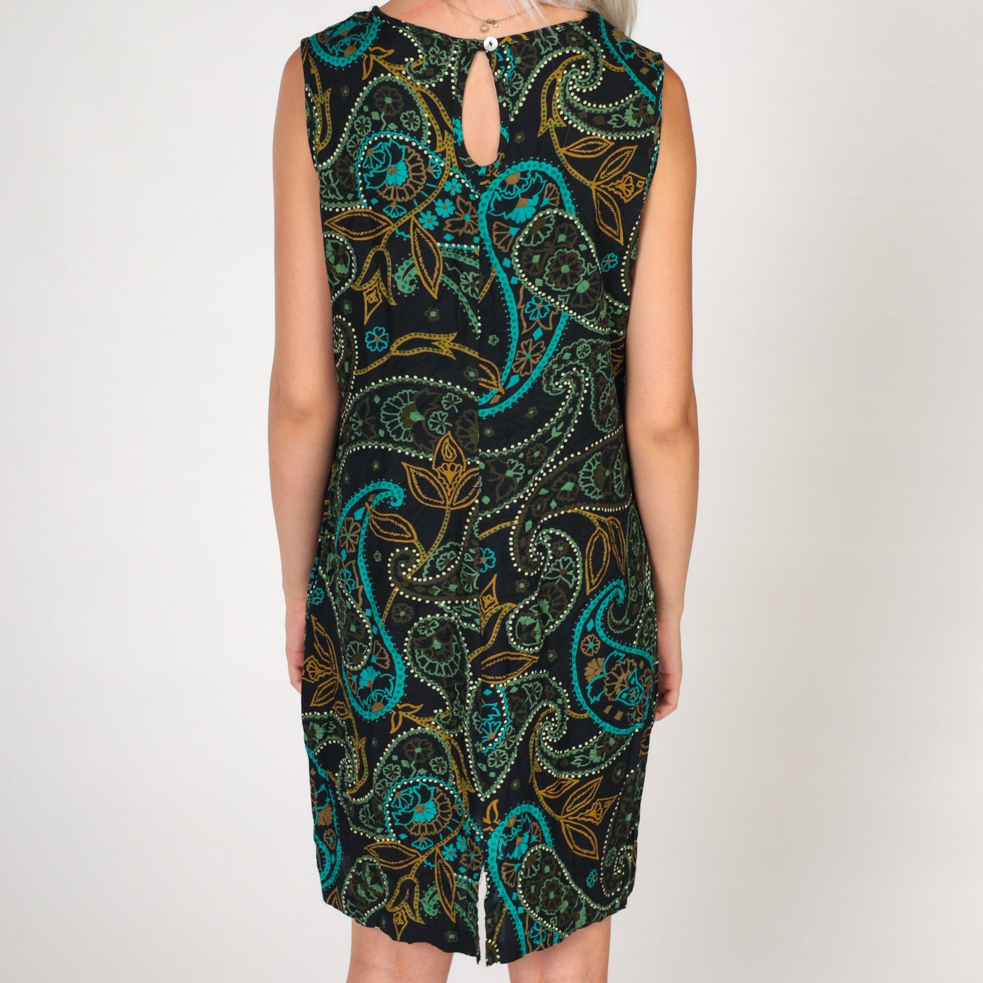 90s Paisley Mini Shift Dress Sleeveless Black Green Medium
