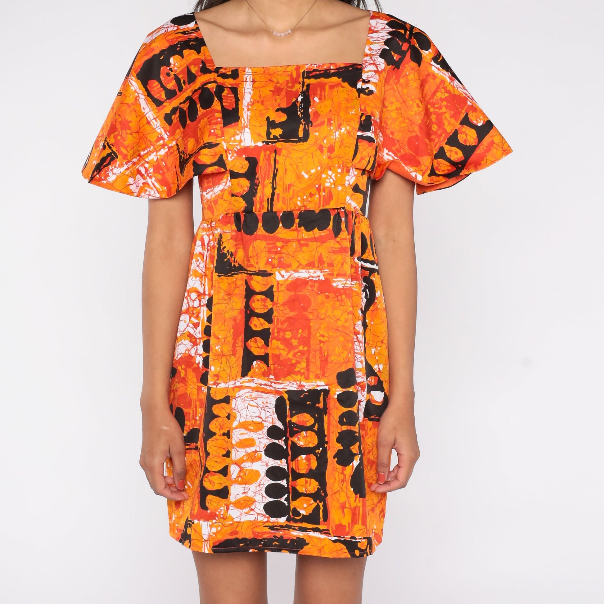 70s Hilo Hattie Hawaiian Mini Dress Orange Tropical Empire Waist Small
