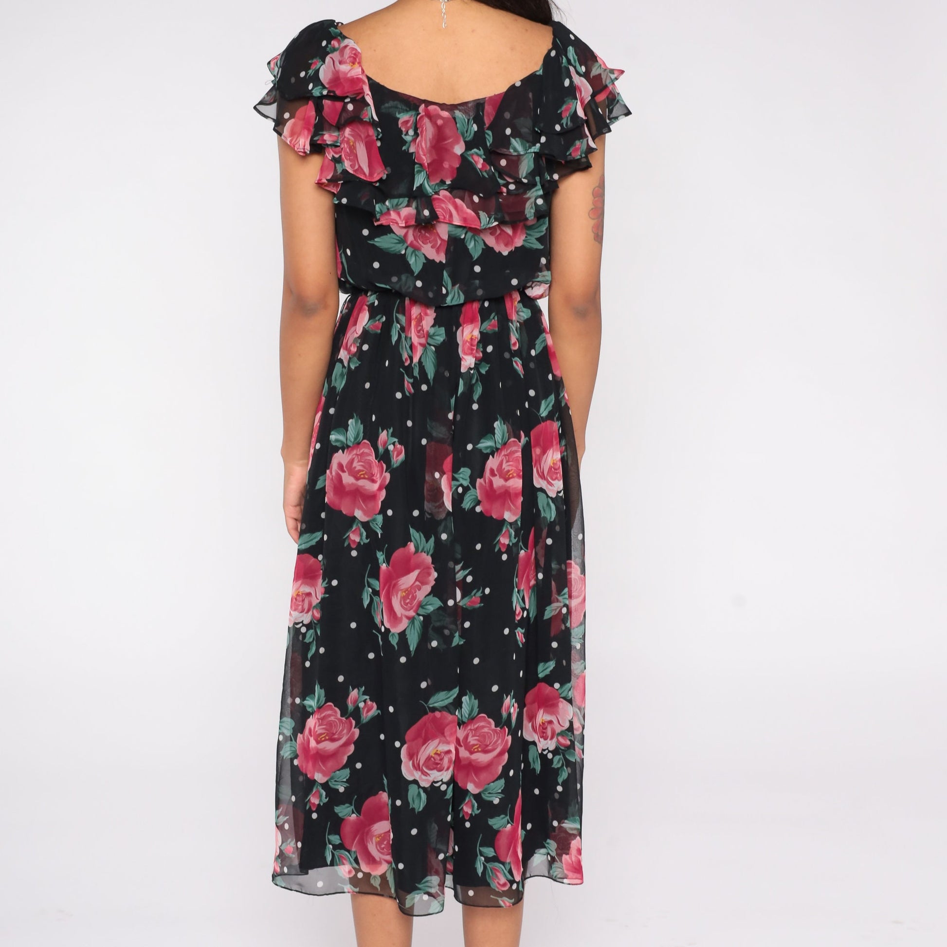 80s Black Floral Chiffon Midi Dress Rose Polka Dot Ruffled Flutter Sleeve Small
